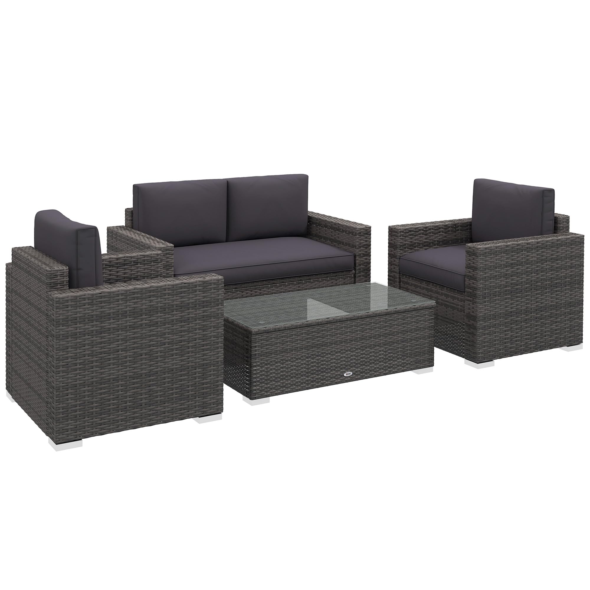 Outsunny 4-Piece Gray Wicker Patio Furniture Set with Cushions - Outdoor Sectional Sofa Set with 2 Sofas, Loveseat & Glass Top Coffee Table - Perfect for Garden, Backyard, and Poolside Relaxation