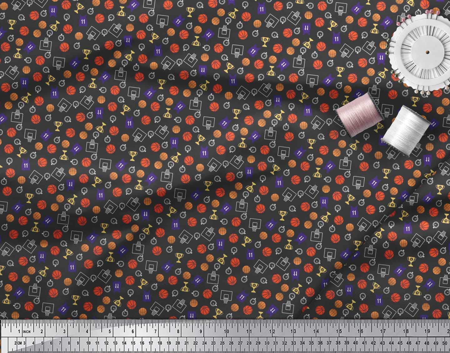 Soimoi Rayon Black Fabric by The Yard - 42 Inch Wide - Sports Print with Trophy, Timer Clock & Basketball Design - Perfect for DIY Sports Apparel, Quilting, and Home Decor Projects