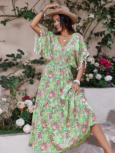 Boho Tassel Sleeve Midi Dress for Women - Flowy Beach Cover Up, Summer Resort Vacation Outfit, Perfect for Pool Parties & Tropical Getaways