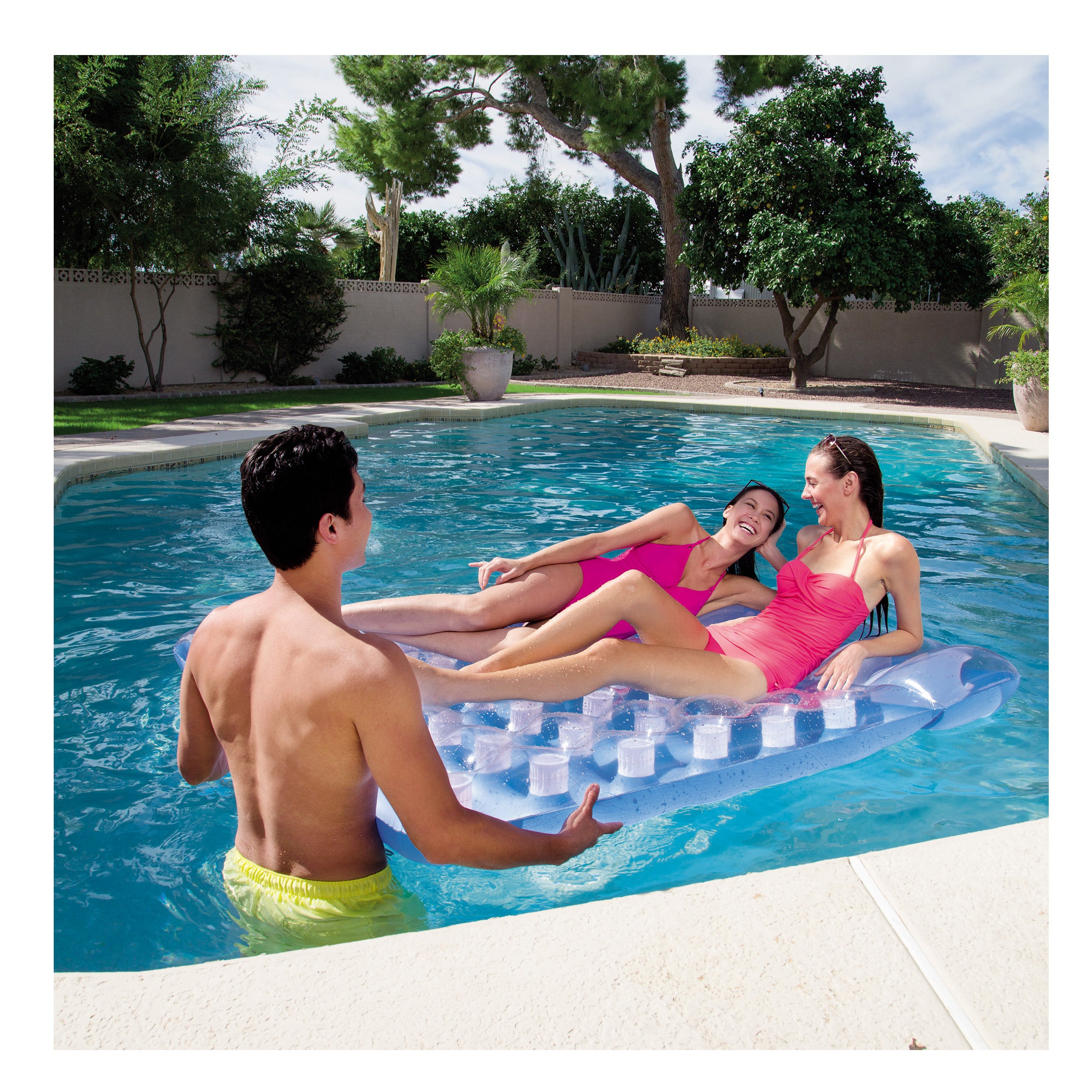 Bestway Double Size Inflatable Floating Beach Bed - Blue & White Air Mattress for Pool, Lake & Ocean Relaxation | Perfect for Summer Vacations, Backyard Lounging & Water Adventures
