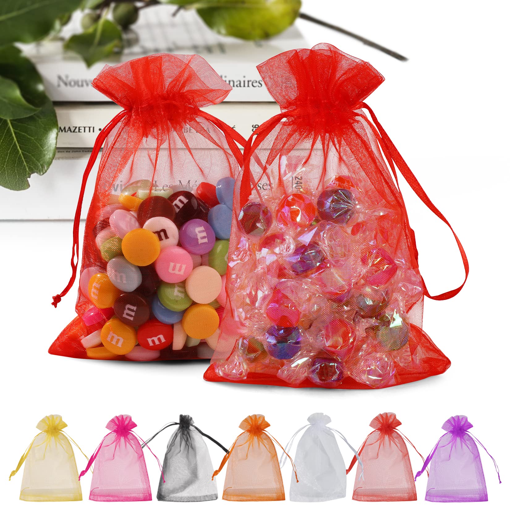 Premium 50PCS Red Organza Gift Bags 5x7 Inches - Drawstring Mesh Bags for Wedding Favors, Party Favors, Bridal Shower, Birthday Gifts & Jewelry Packaging - Elegant Sheer Favor Pouches for Special Occasions