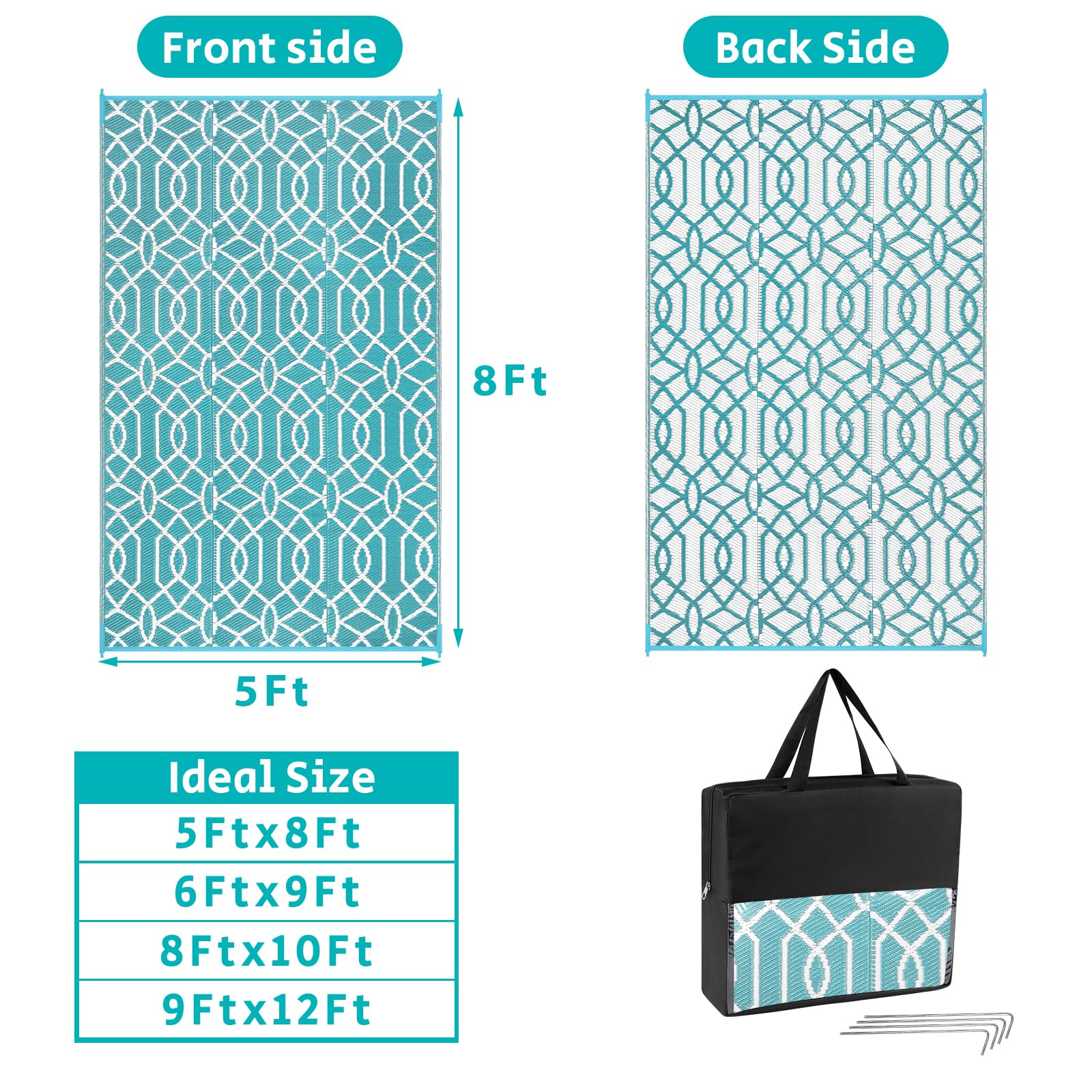 HEBE 5'x8' Waterproof Reversible Outdoor Rug - Durable Plastic Straw Patio Mat for RV, Camping, Porch, Deck, Balcony & Backyard | All-Weather Floor Covering for Outdoor Living Spaces