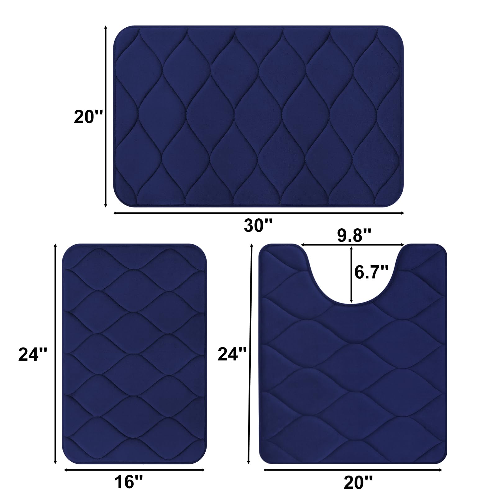 **Colorxy Memory Foam Bathroom Rugs - Super Soft, Non-Slip, Water Absorbent Bath Mat Set of 3 (Small/Large/Contour) - Washable Ogee Design in Navy Blue - Perfect for Bathroom, Shower, and Spa Use**