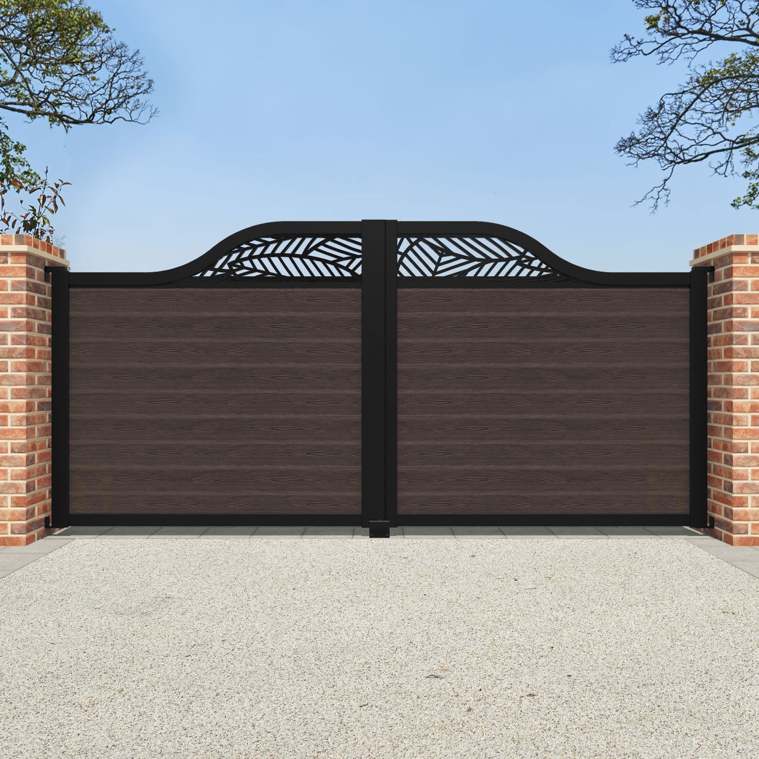Classic Habitat Curved Top Driveway Gate - Mid Brown Wooden Privacy Fence with Decorative Top Screen | Perfect for Home Security & Backyard Landscaping