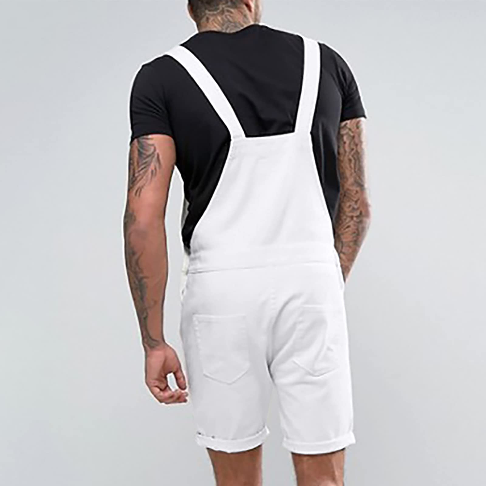 Men's Ripped Denim Bib Overalls Shorts - Knee-Length Suspender Pants with Multi-Pockets | Casual Workwear Jumpsuit for Outdoor Activities, Music Festivals & DIY Projects