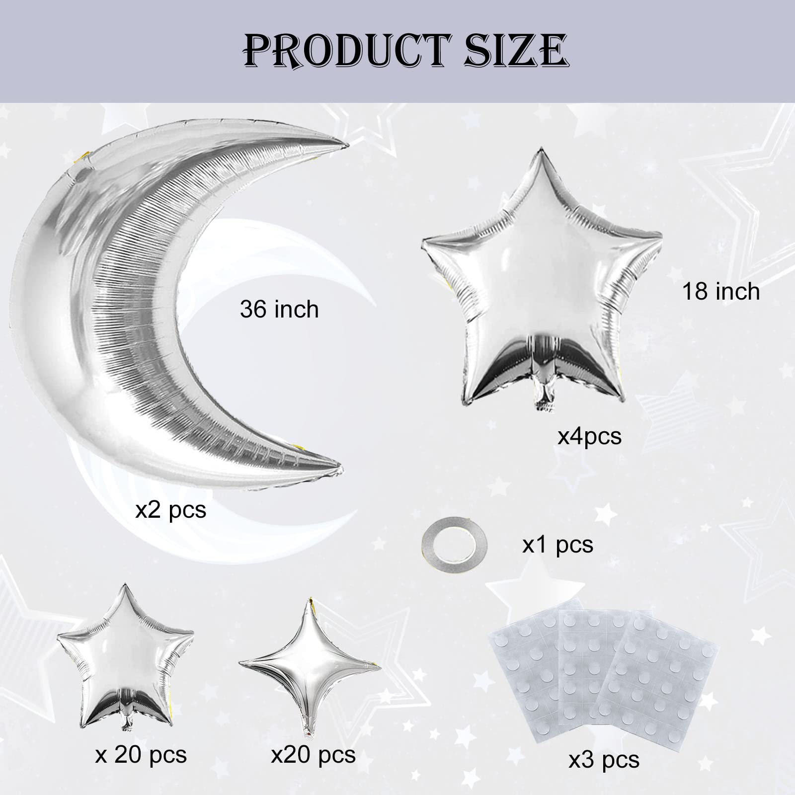 50pcs Silver Moon and Star Foil Balloons - 36