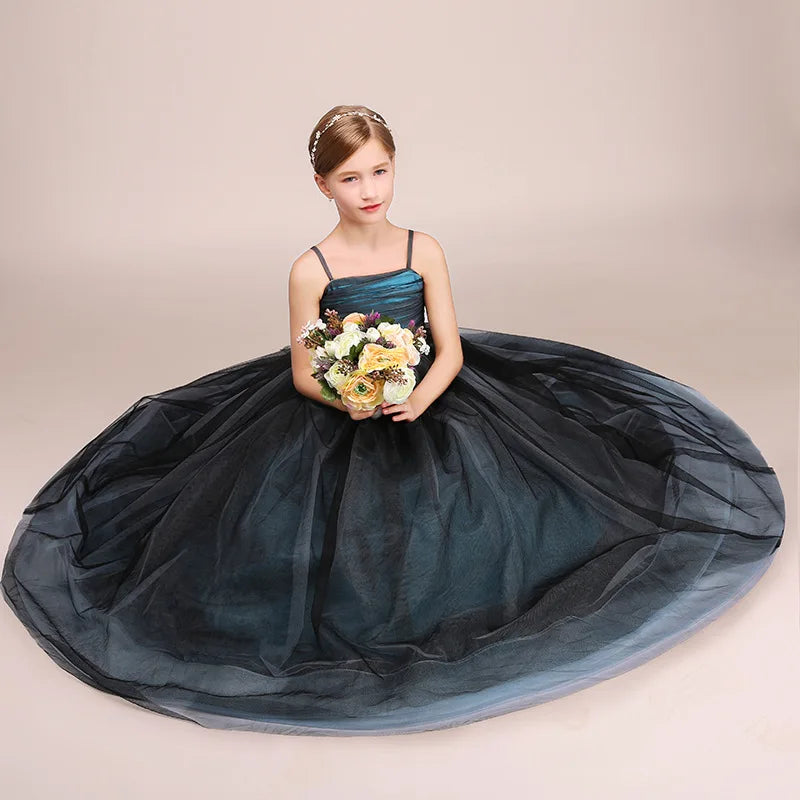 Elegant Tulle Spaghetti Strap Flower Girl Dress - Long Princess Gown for Weddings, Parties & Special Occasions | Perfect for Flower Girls, Pageants & Formal Events