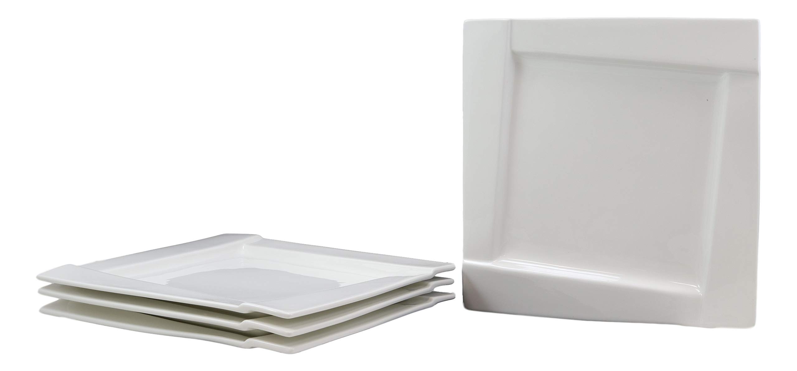 Ebros 4-Pack Modern White Porcelain Square Dinner Plates with Rhombus Design - 10