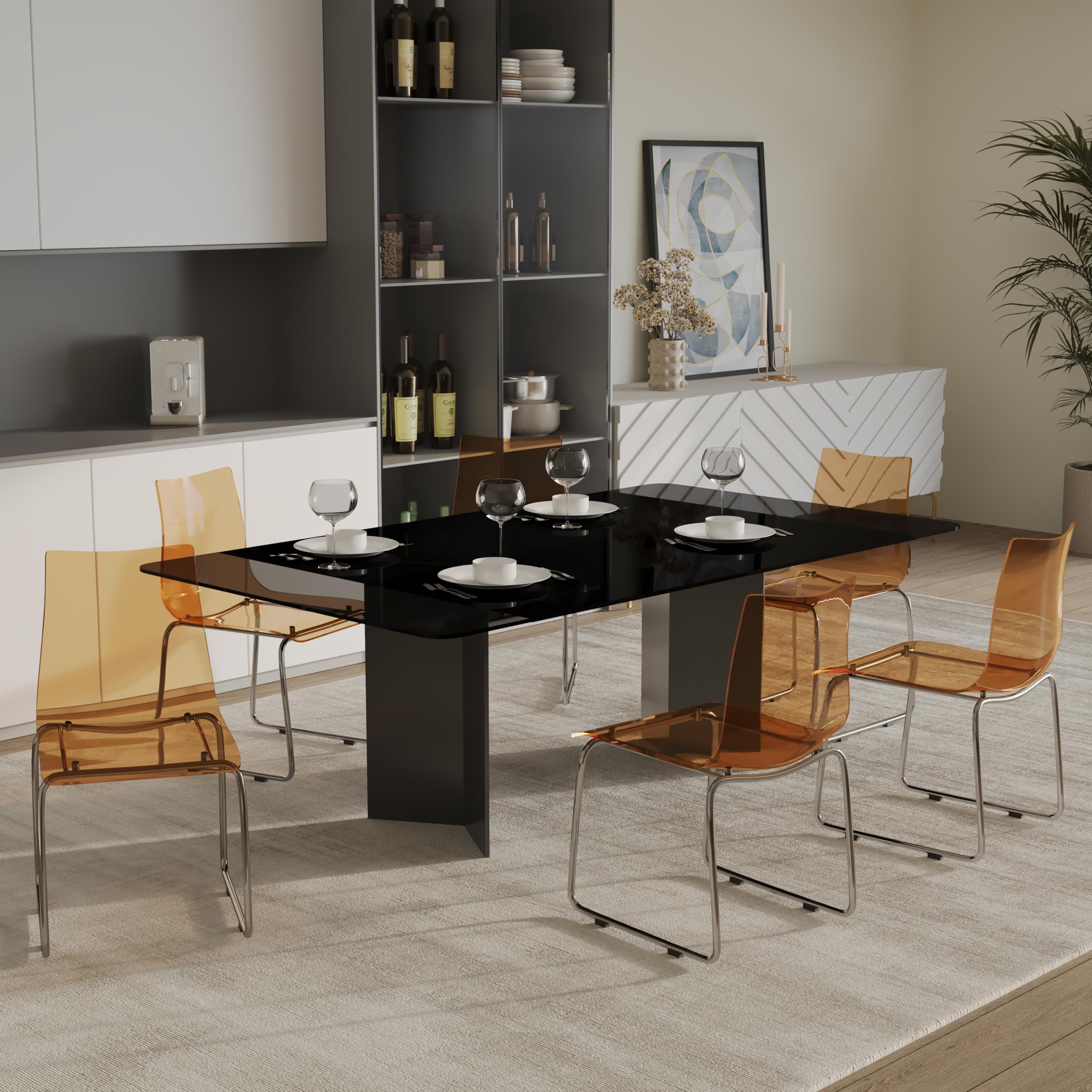 LeisureMod Lima Mid-Century Modern Acrylic Chrome Finish Steel Frame Stackable Accent Side Chairs - Set of 4 Amber - Perfect for Kitchen, Dining Room, Office or Outdoor Patio Seating
