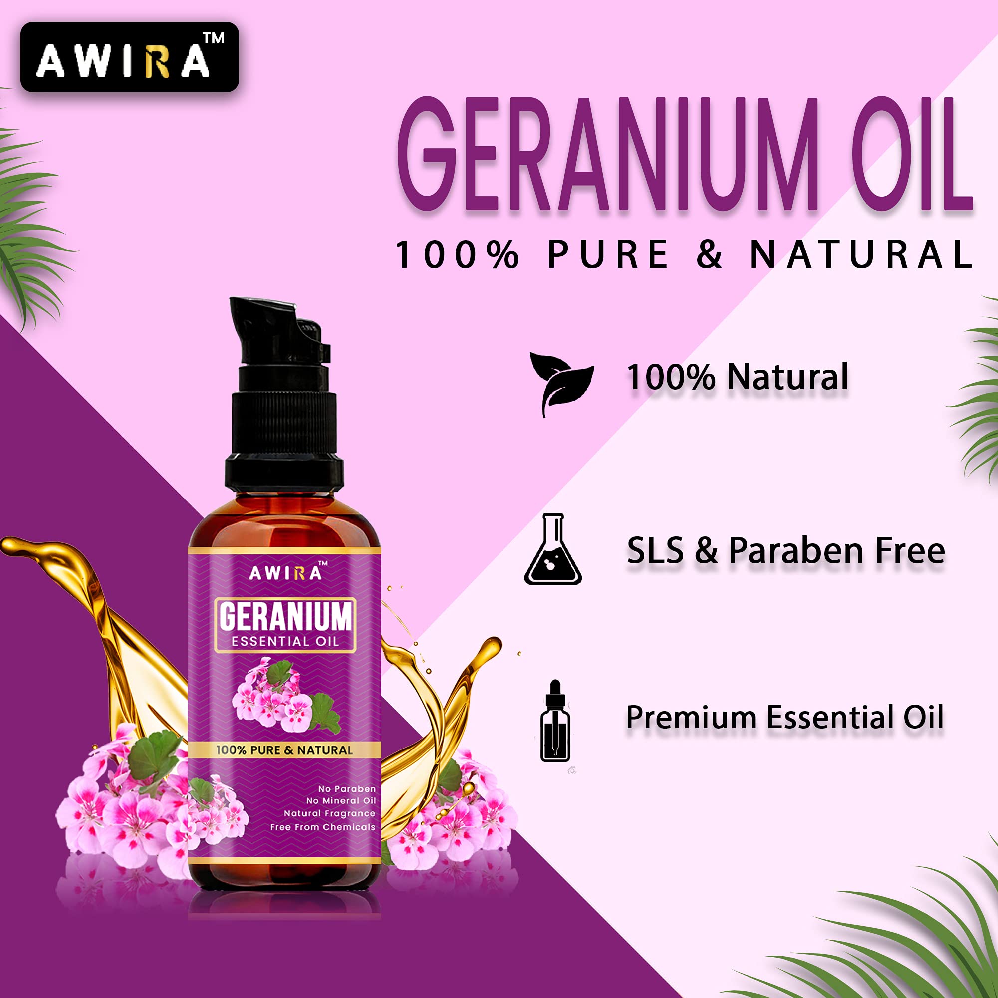 Pure Awira Geranium Essential Oil 30ml - 100% Natural, Undiluted for Skin & Hair Care - Perfect for Aromatherapy, Massage & DIY Beauty Products