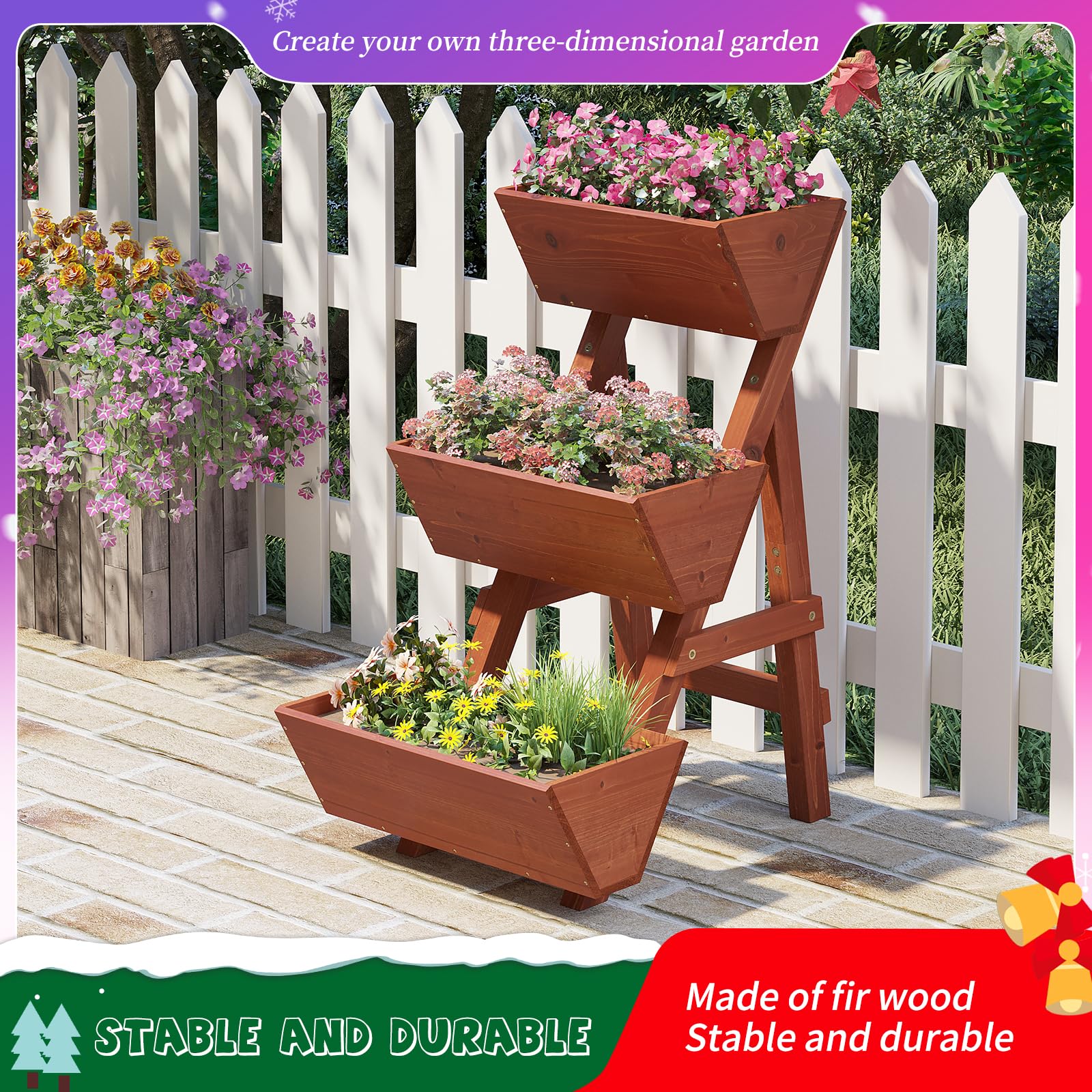 3-Tier Wooden Raised Garden Bed - Outdoor/Indoor Planter Box for Vegetables, Flowers, Herbs | Durable Wood Plant Stand for Patio, Balcony, Backyard Gardening (Brick Red, Small Size)