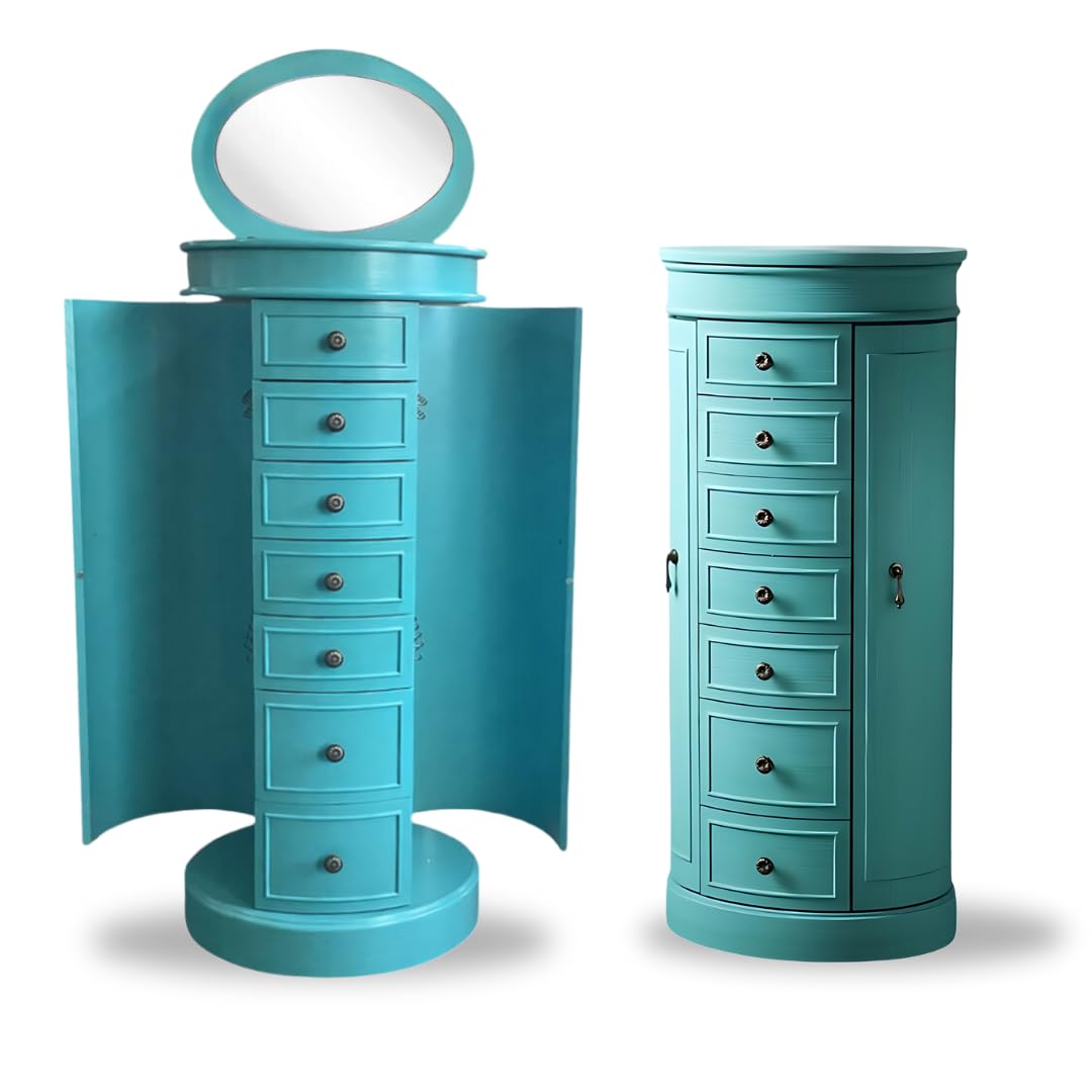 Bailey Oval Standing Jewelry Armoire Cabinet with Mirror Lid - 7 Drawers Jewelry Storage Organizer for Necklaces, Earrings, Bracelets - Turquoise Jewelry Chest for Bedroom, Closet & Dressing Room