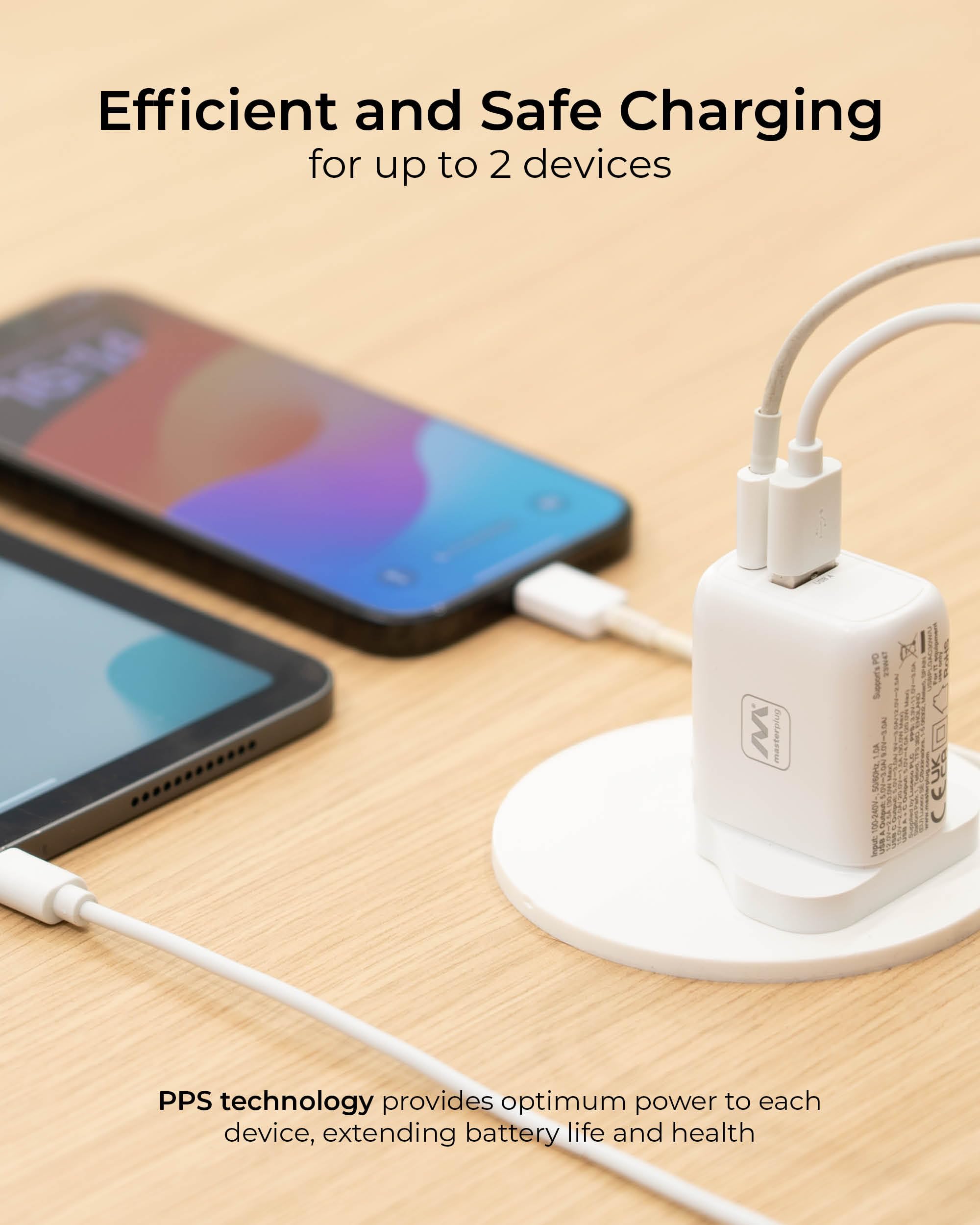 Masterplug Super-Fast 30W USB Charger with USB-A & USB-C Ports - Fast Charging for iPhone, Samsung, iPad & Tablets - Perfect for Home, Office & Travel