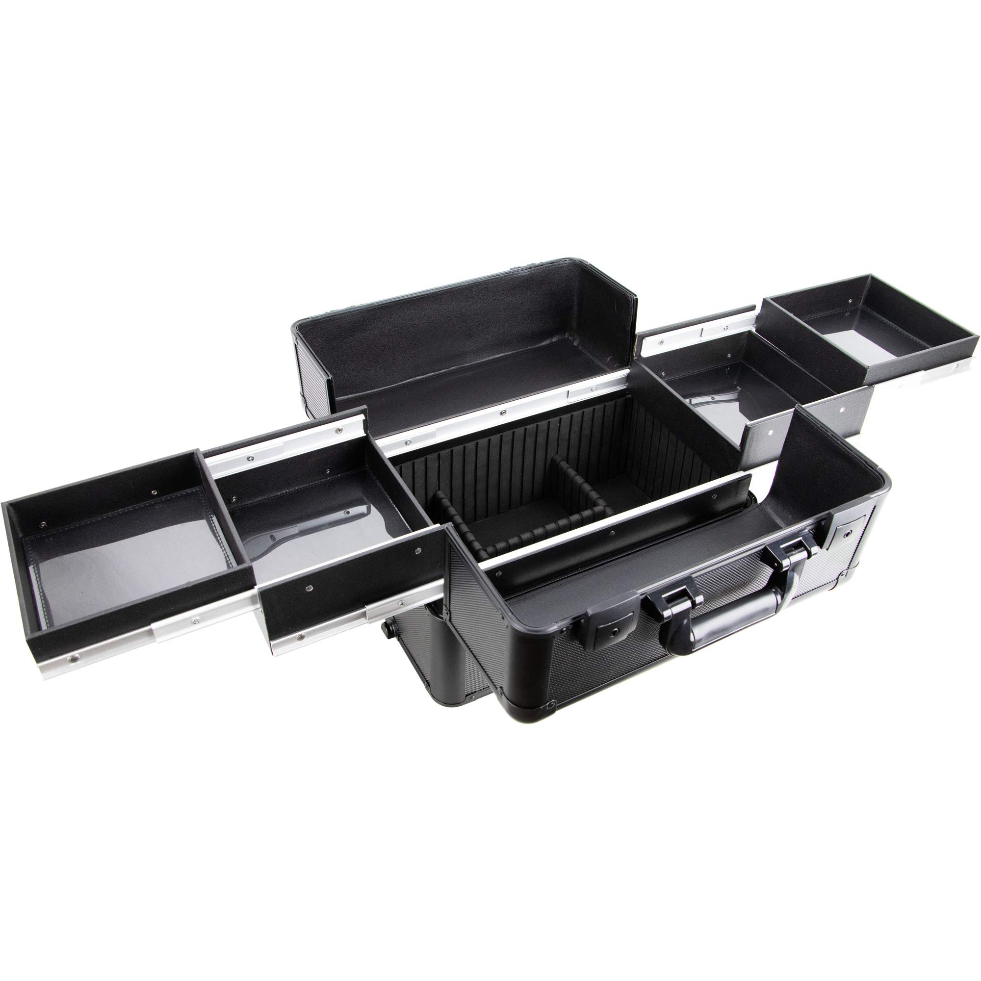 Ver Beauty 3-in-1 Professional Rolling Makeup Case - 4 Removable Wheels, Extendable Trays with Dividers & Mirror - Aluminum Art Craft & Tattoo Organizer for Artists, Salon, Travel & Mobile Beauty Services