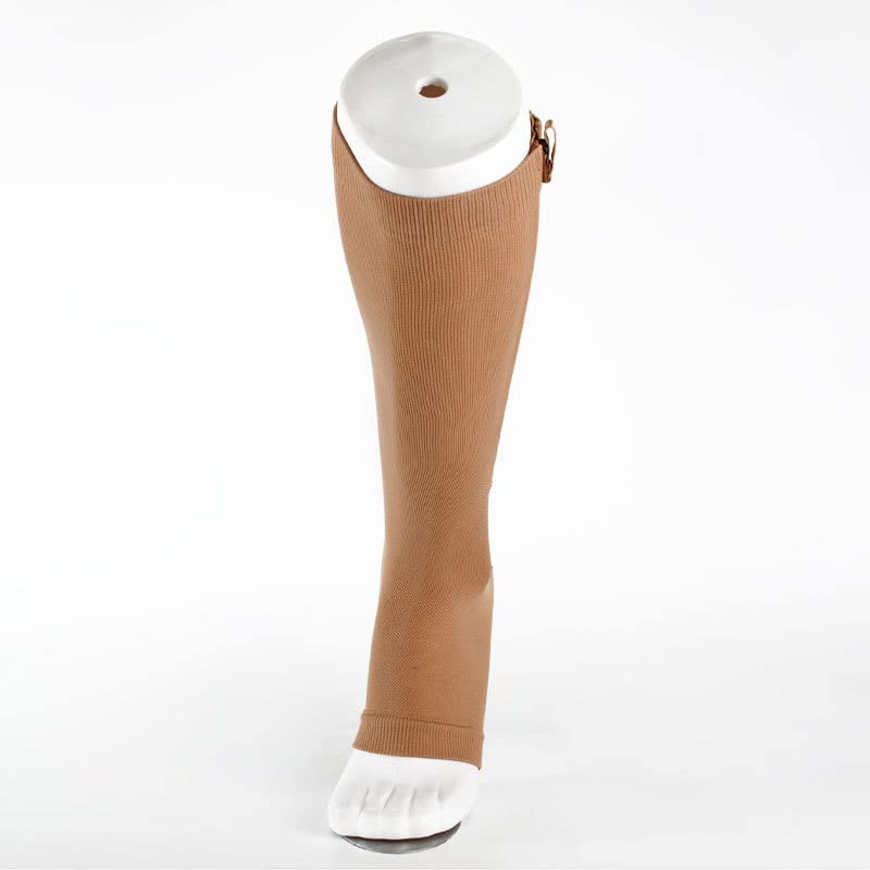 Zipper Compression Socks with Open Toe - Knee High Support Stockings for Sports & Medical Use (3X-Large, Beige) - Ideal for Running, Travel & Varicose Vein Relief