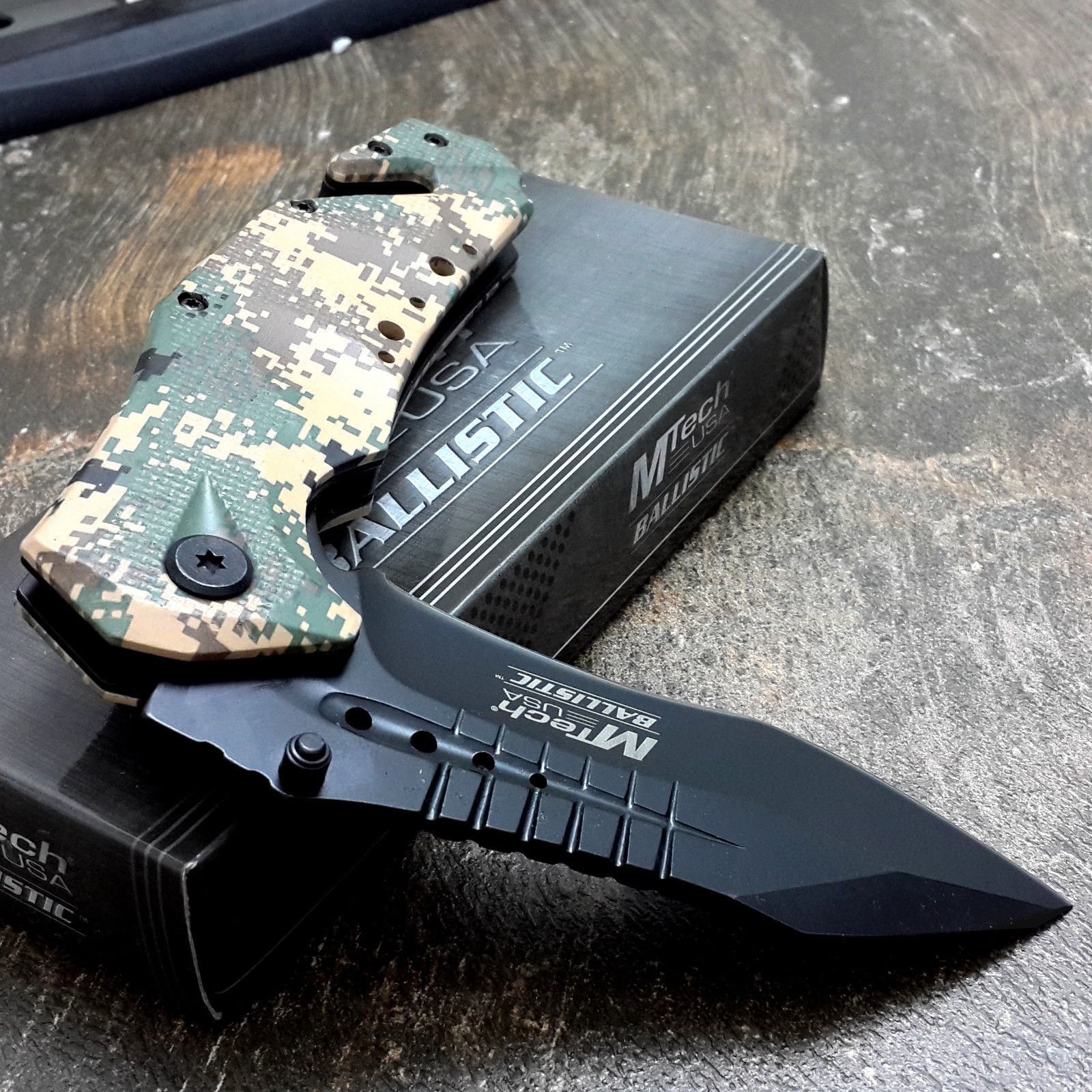 M-TECH KNIVES Assisted Opening Folding Knife - Desert Army Camo Rescue Tanto Blade - Tactical EDC, Outdoor Survival, Camping & Hunting Gear