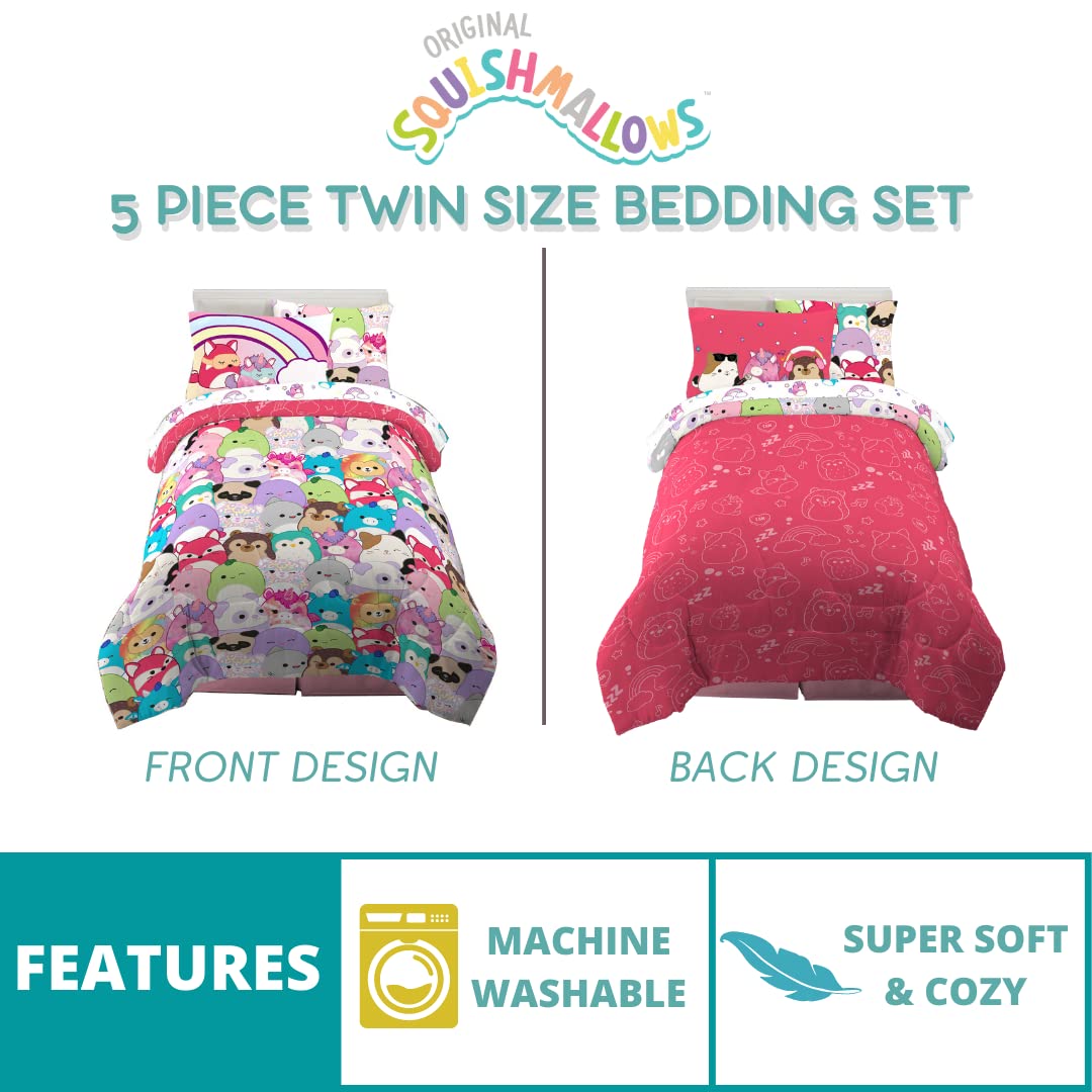 Premium Franco Squishmallows Bedding Set - Ultra Soft Comforter & Sheet Set with Sham, 5-Piece Twin Size for Kids & Teens - Perfect for Cozy Bedrooms, Sleepovers & Dorm Rooms