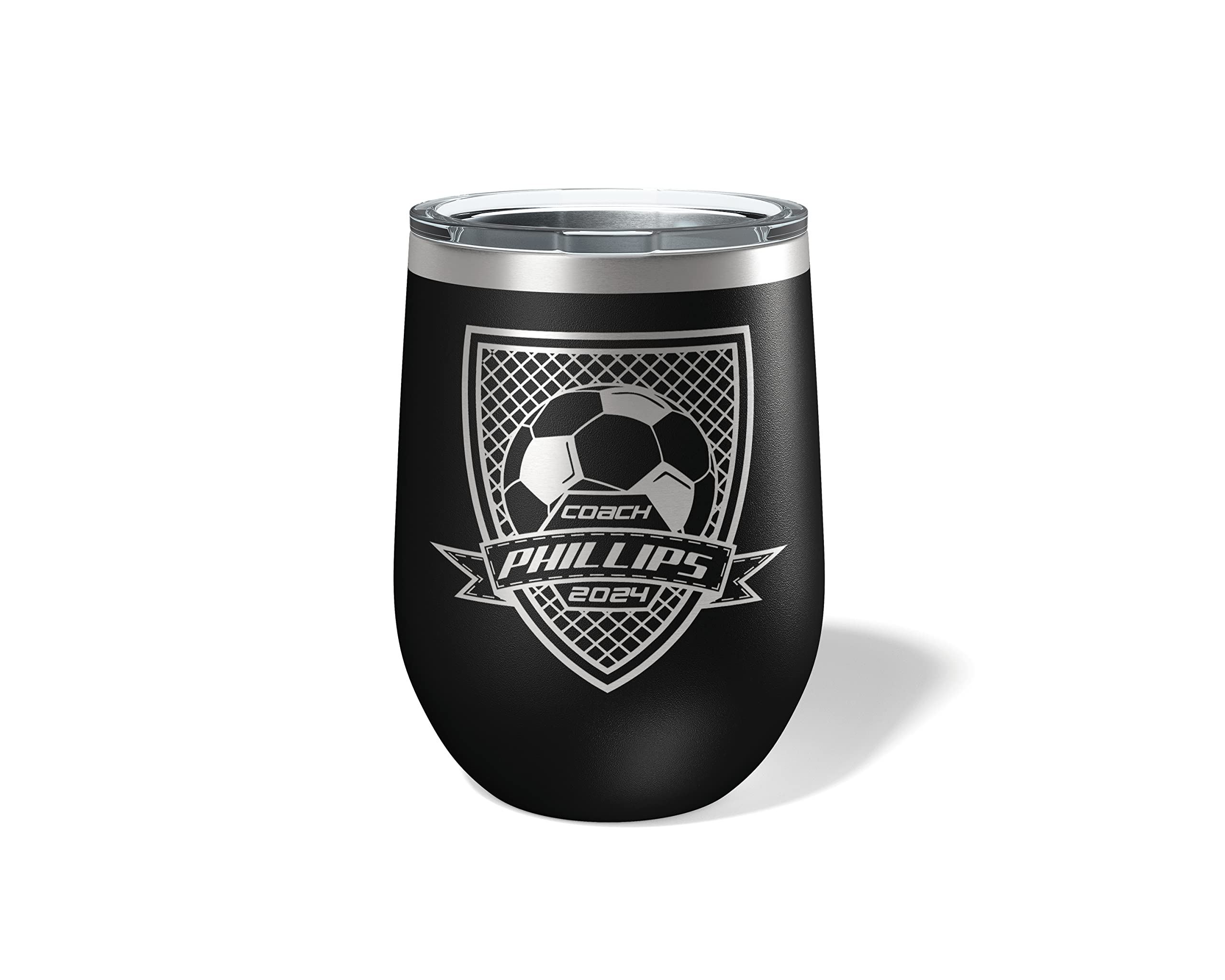 Alterd Industries Personalized Soccer Coach Gift - 20oz Insulated Stainless Steel Travel Coffee Mug with Lid, Athletic Tumbler for Men, Great for Training, Games & Outdoor Activities (12oz Wine Tumbler, Black)