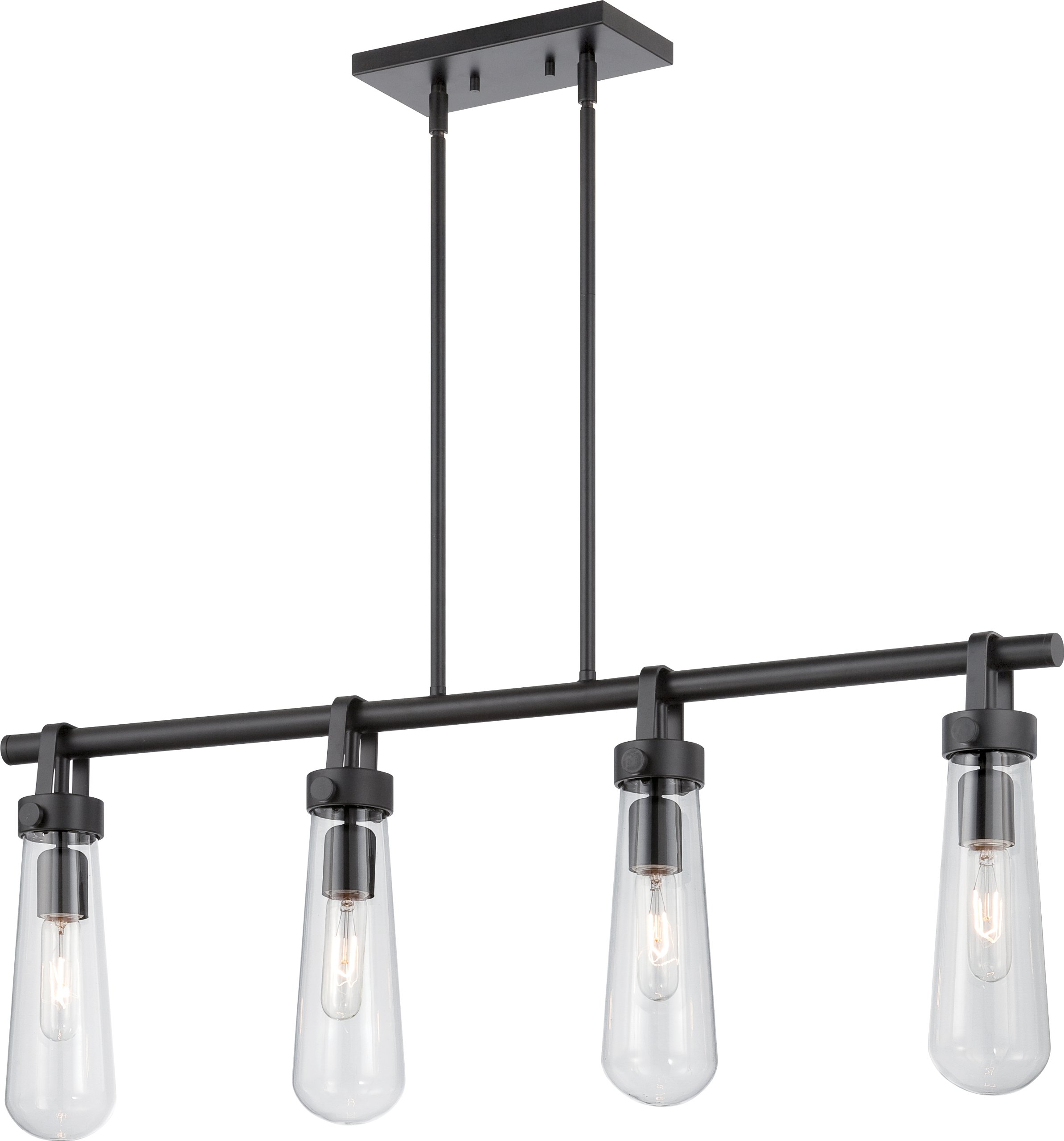 Nuvo Lighting 60/5365 Beaker Four Light Trestle Vintage Chandelier - 20 Watt T9 S2415 Bulbs Included - Clear Glass & Aged Bronze Finish - Perfect for Dining Room, Kitchen Island, or Entryway Lighting