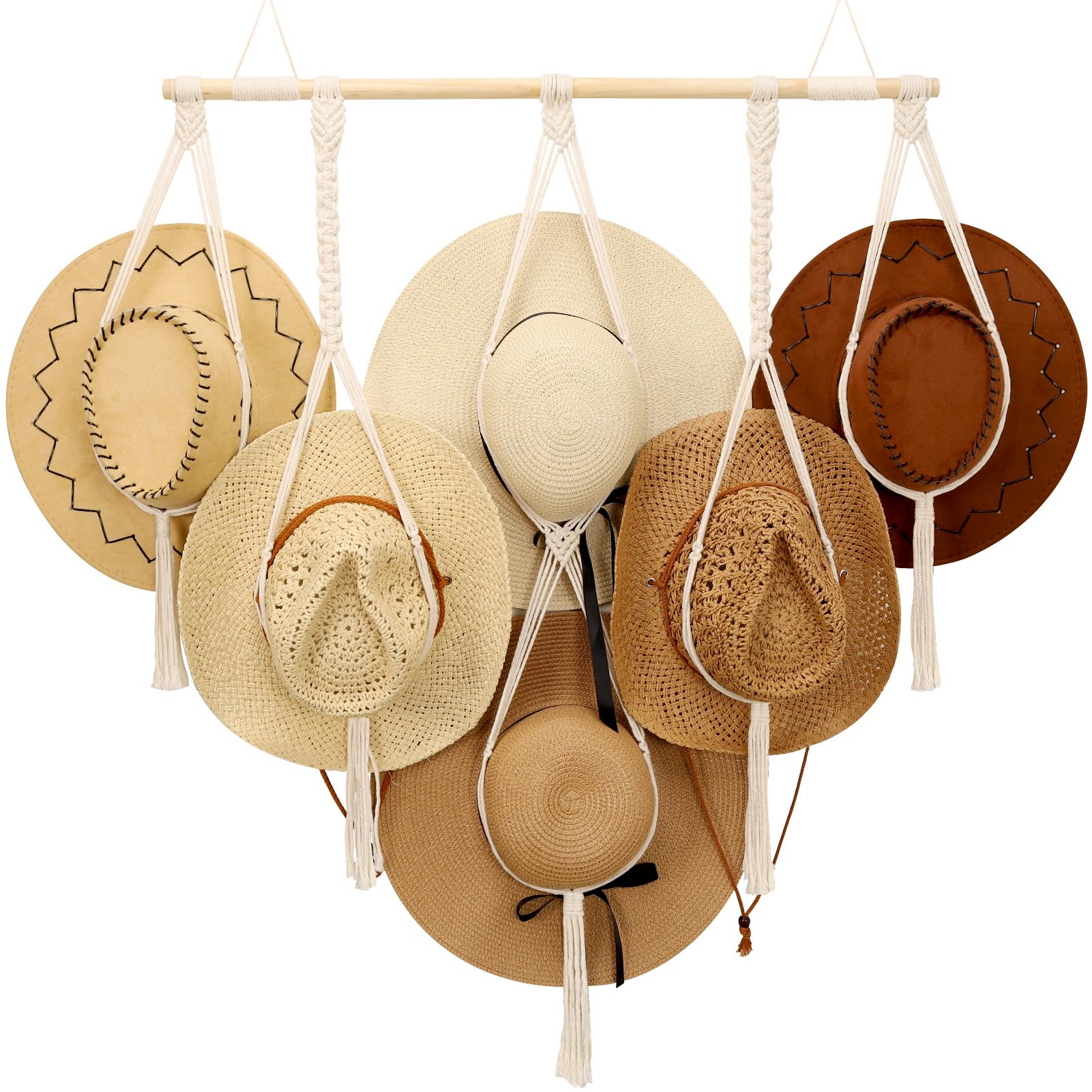 Boho Macrame Hat Hangers for Wall - Decorative Hat Rack Organizer for Wide Brim Hats, Sun Hats & Cowboy Hats - Perfect for Bedroom, Closet & Entryway Storage