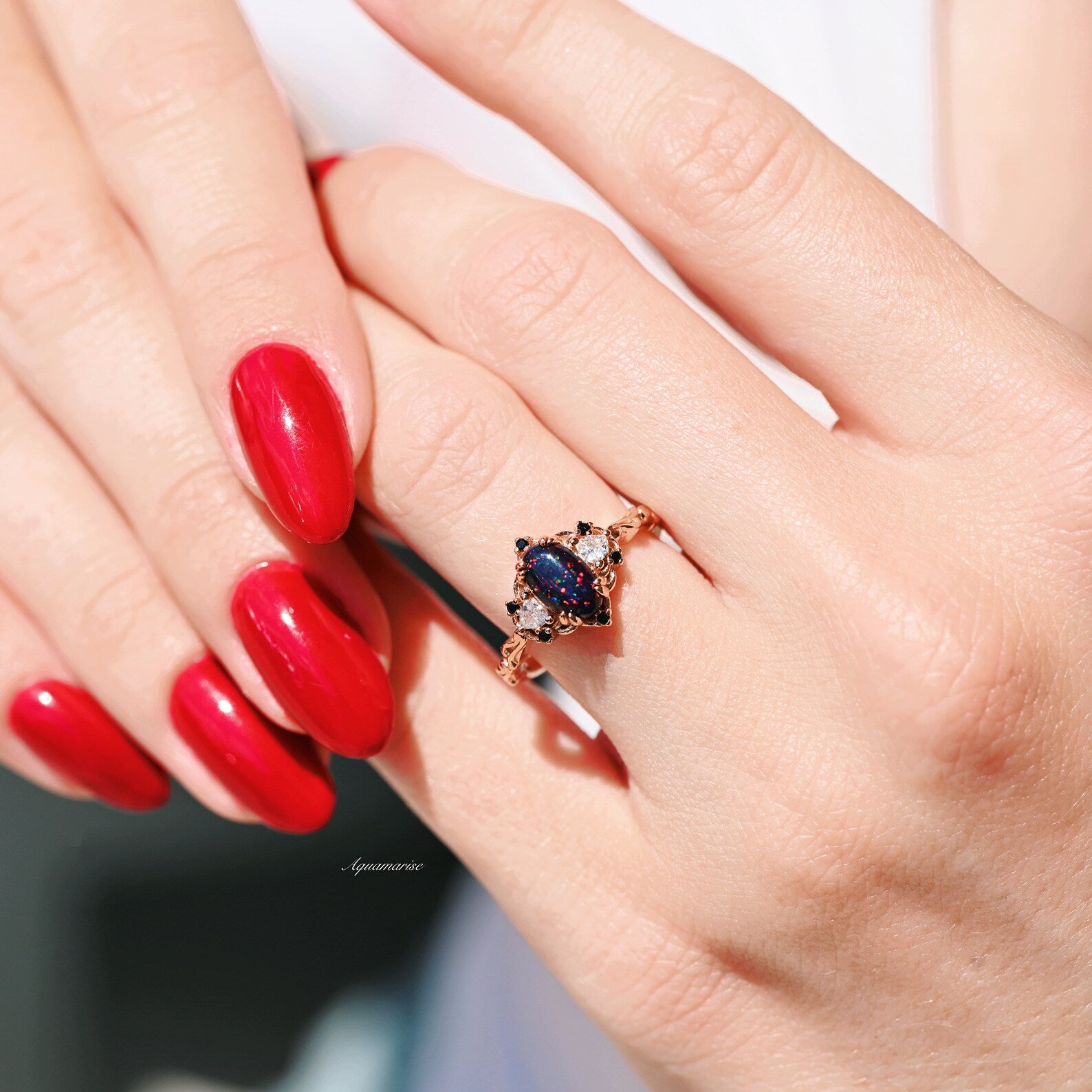 14K Rose Gold Vermeil Fire Opal Ring for Women - Elegant Black Opal Jewelry Gift for Birthday, Anniversary & Special Occasions