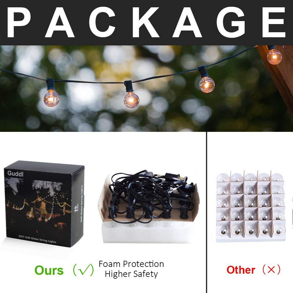 75ft Outdoor String Lights with 80 G40 Bulbs (Includes 5 Spare) - Connectable Globe Lights for Patio, Backyard, Pergola & Party Decor - Weatherproof Black Wire - Perfect for Weddings, BBQs & Outdoor Dining