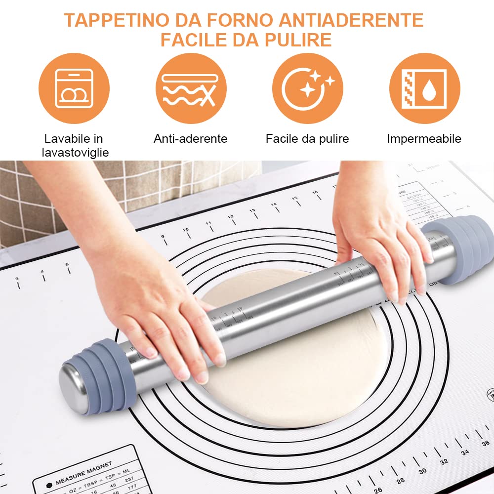 Non-Stick Adjustable Steel Rolling Pin with 8 Discs & Scraper - Premium Silicone Baking Mat for Bread, Cookies, Pastry Dough - Perfect for Home Baking, Pizza Making, and Pastry Preparation