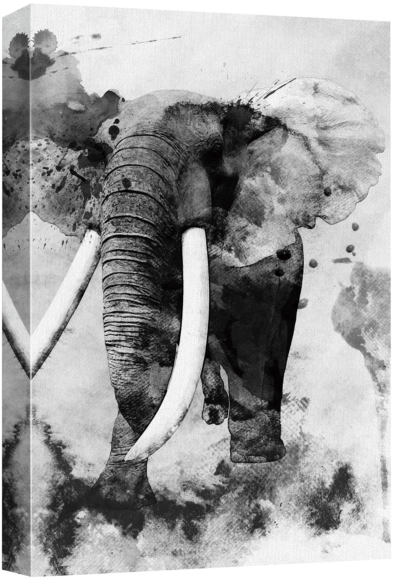 Watercolor Elephant Canvas Print - Modern Black and White Wildlife Art with Paint Splatter for Living Room, Bedroom, Office Decor | 32x48 Inch Wall Art | Relaxing & Calming Home Decor