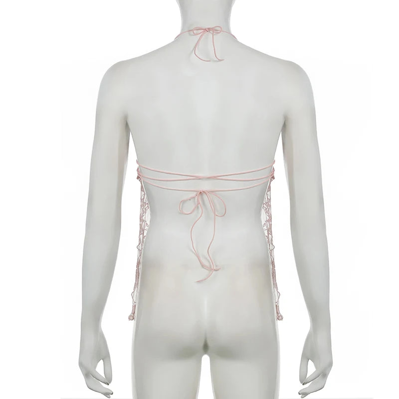 Sexy Pink Lace Backless Halter Top - Y2K Transparent Tie-Up Camisole for Summer & Party | Cute Coquette Style for Club, Date Night & Beach Outfits