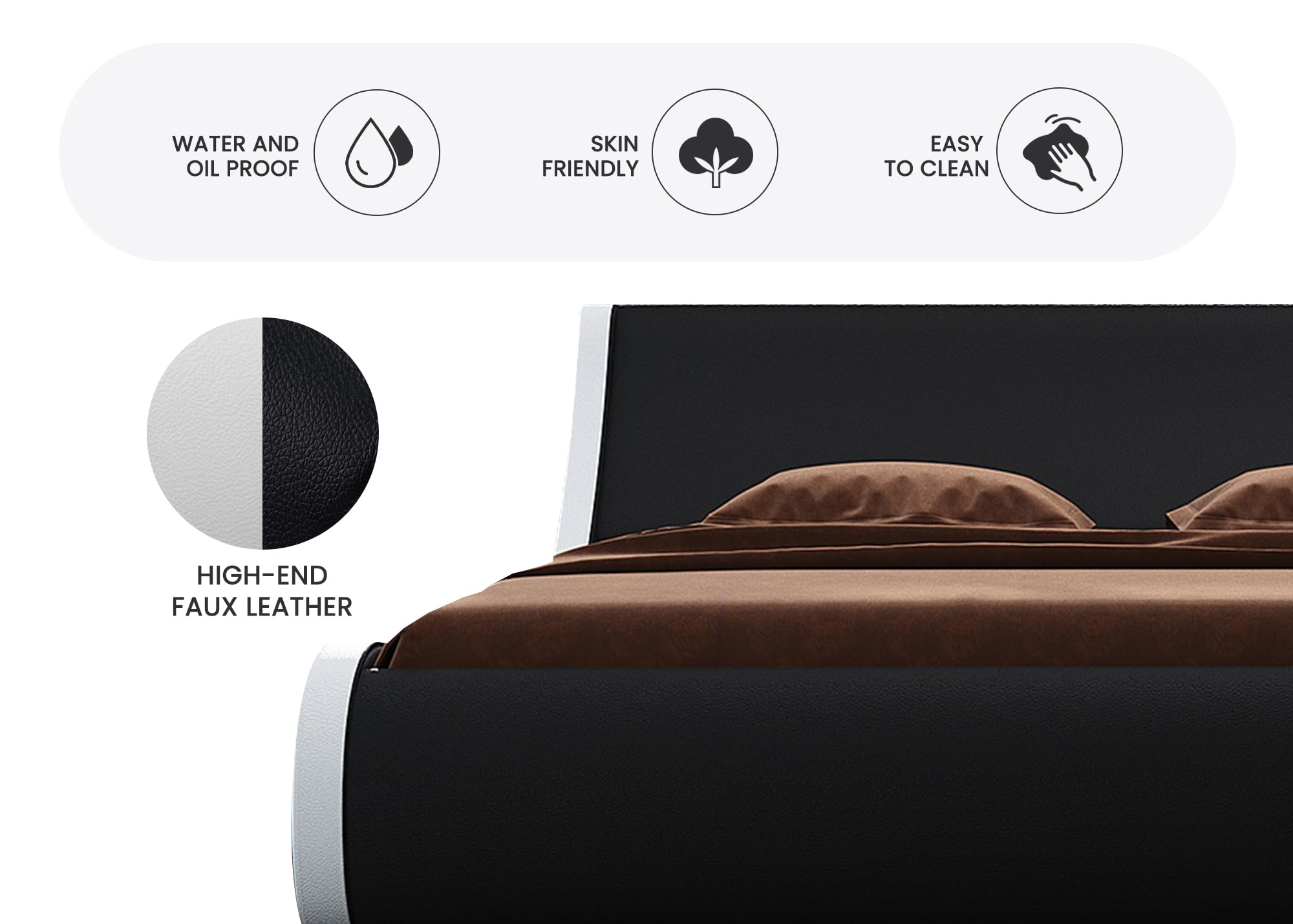 Modern Low Profile Platform Bed Frame Queen Size - Faux Leather Upholstered Sleigh Bed with Adjustable Headboard, No Box Spring Needed in Black & White | Perfect for Small Bedrooms, Guest Rooms & Contemporary Home Decor