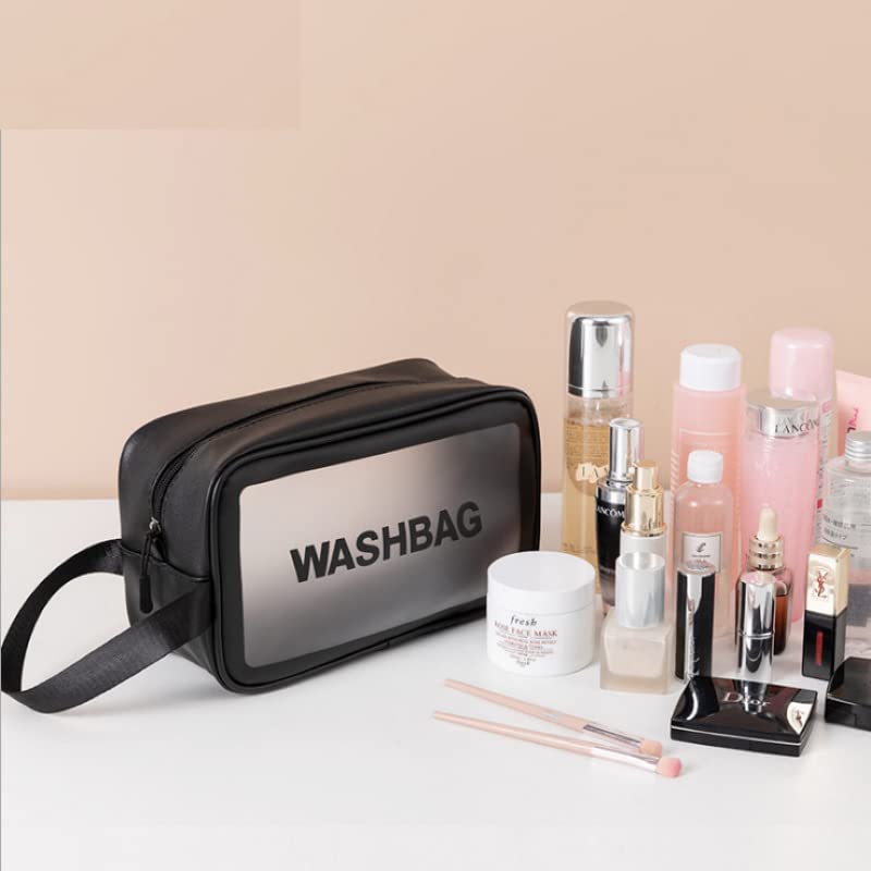 VALAMJI Clear Waterproof Travel Toiletry Bag with Zipper & Handle - Portable Cosmetic Organizer for Women & Girls (Black, Small) - Perfect for Airplane Carry-on, Gym, Beach & Daily Essentials Storage