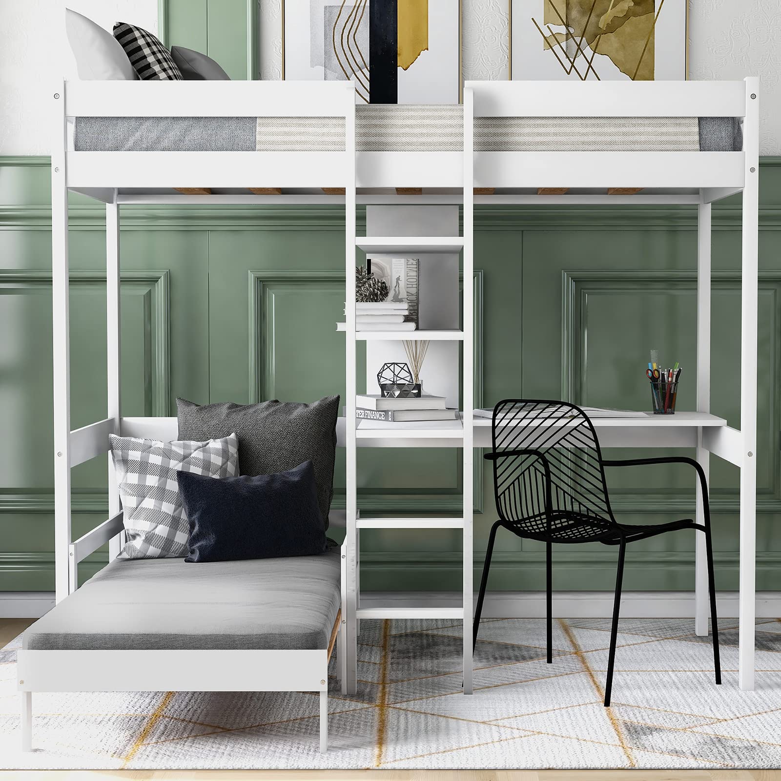 Multifunctional Wooden Loft Bed with Built-in Desk & Storage Shelves - Space-Saving Twin Over Twin Bunk Bed for Kids & Adults - Perfect for Small Bedrooms, Dorms & Studio Apartments
