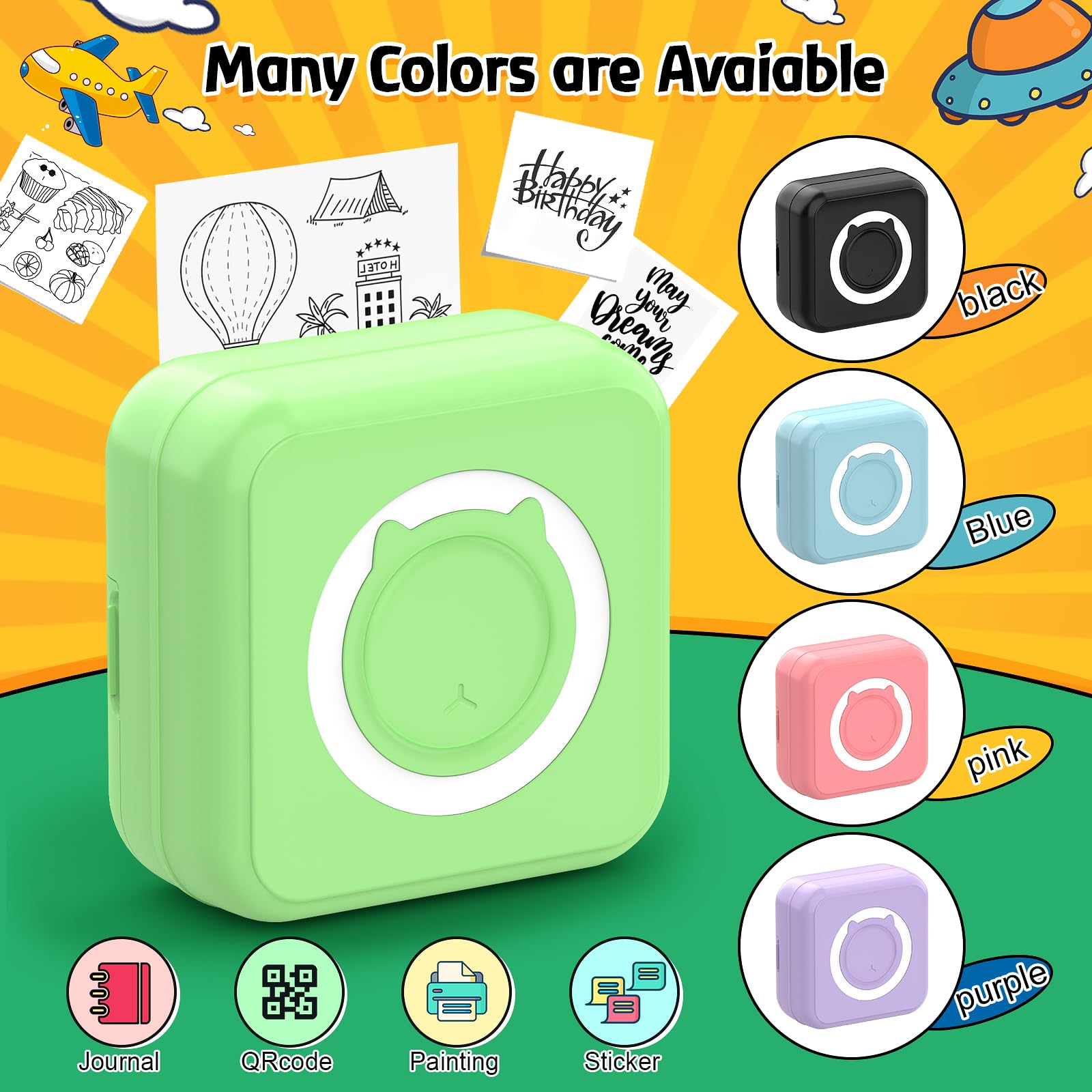 QYCHHJ Bluetooth Mini Thermal Printer for iPhone Android Tablet - Portable Inkless Sticker Printer with 8 Rolls Thermal Paper - Perfect for Study Notes, Journal Memos, Photos & Pictures (Green) | Great for Students, Office Work, Travel & Home Organization