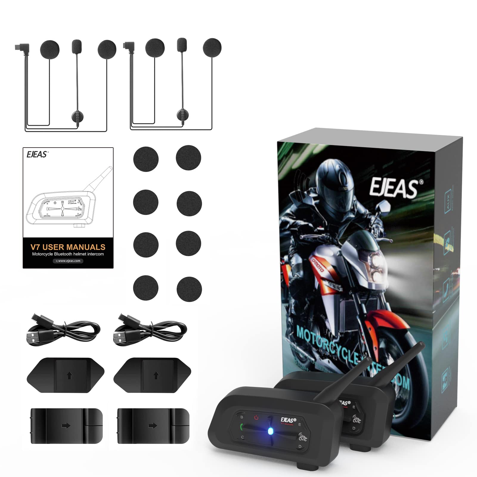 EJEAS V7 Motorcycle Bluetooth Helmet Intercom Headset - 2 Pack, Full Duplex Wireless Communication for 2 Riders, Expandable to 7 Devices - Perfect for Motorcycling, Skiing, Snowboarding & Outdoor Adventures