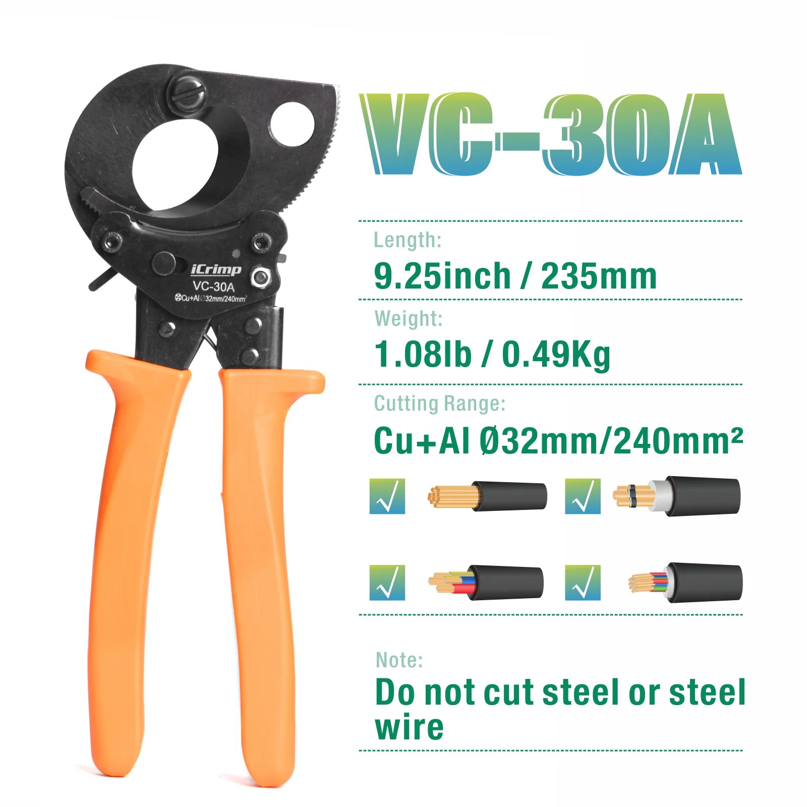 VC 60A Ratchet Cable Cutter - Heavy Duty Copper & Aluminum Wire Cutter for 1000MCM/60mm Diameter Cables (500mm²) - Ideal for Electrical Work, Industrial Wiring & DIY Projects