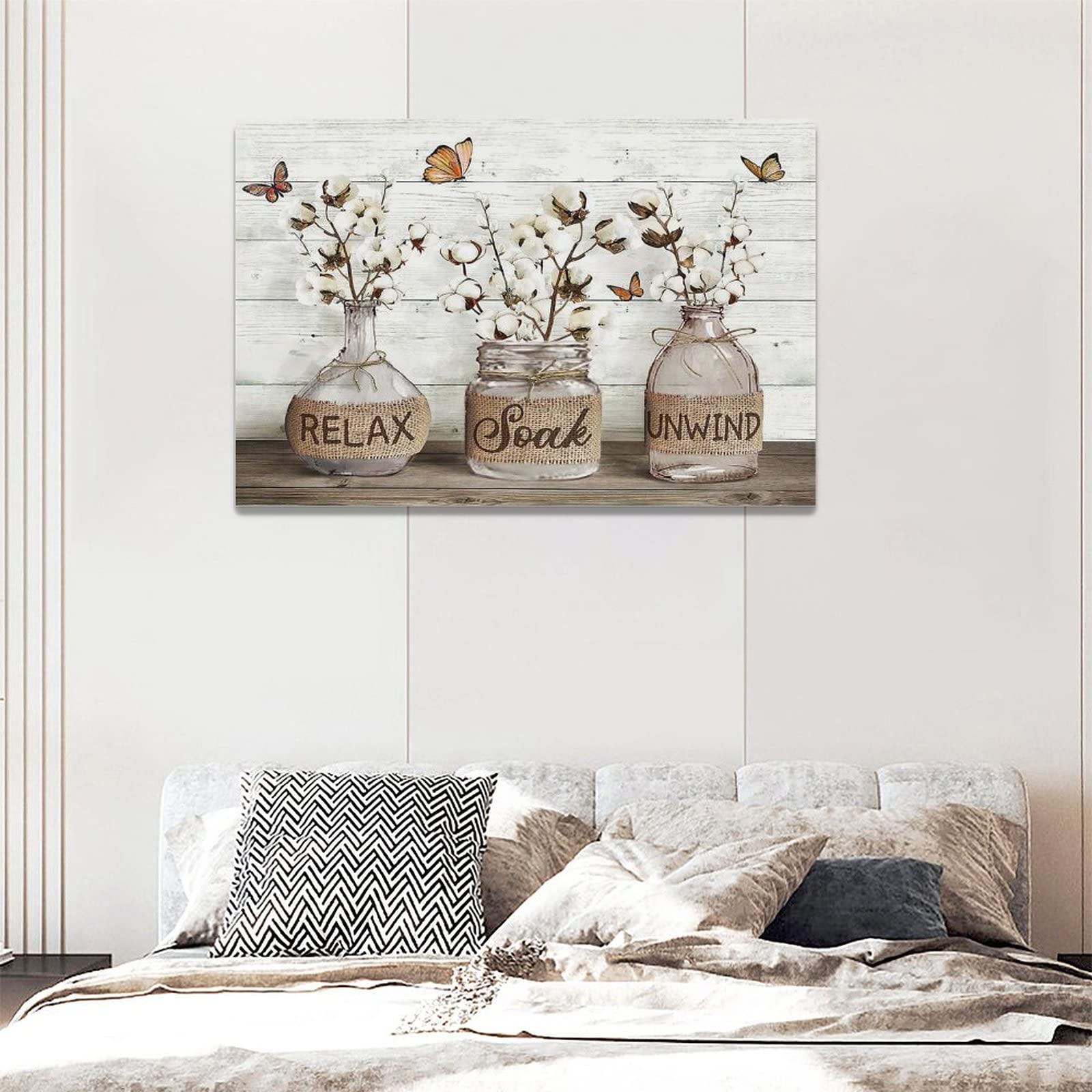 Farmhouse Bathroom Wall Art - Rustic Cotton Canvas Print with Floral Butterfly Painting, Framed Country Decor Sign (16x24 inches) - Perfect for Relaxing Soak & Bathroom Decor