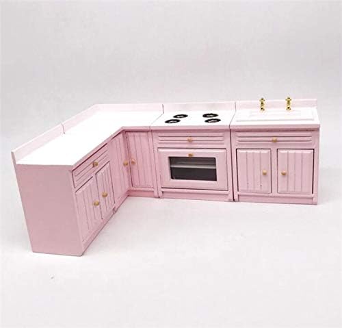 1:12 Scale Dollhouse Miniature Furniture - Pink Wooden Kitchen Cabinet Set with Sink & Countertops | Deluxe Miniature Kitchen Accessories for Dollhouse Decor | Perfect for Dollhouse Displays, Miniature Collectors & DIY Projects