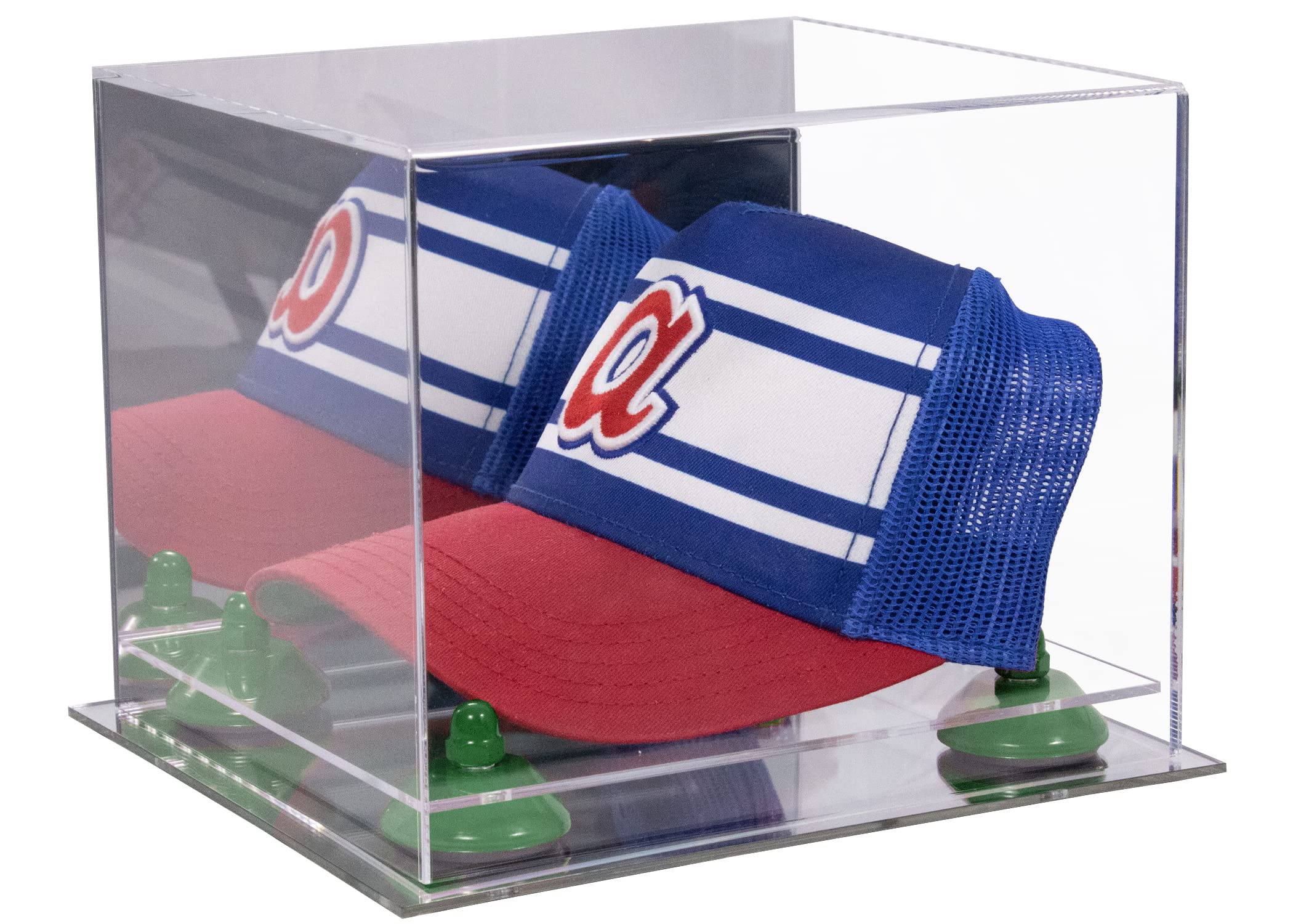 Premium Acrylic Baseball Hat Display Case with Mirror Base & Green Risers - Perfect for Collectors, Retail Stores & Home Decor (Model V21/A006) | Hat Organizer for Sports Memorabilia, Fashion Accessories & Caps Collection