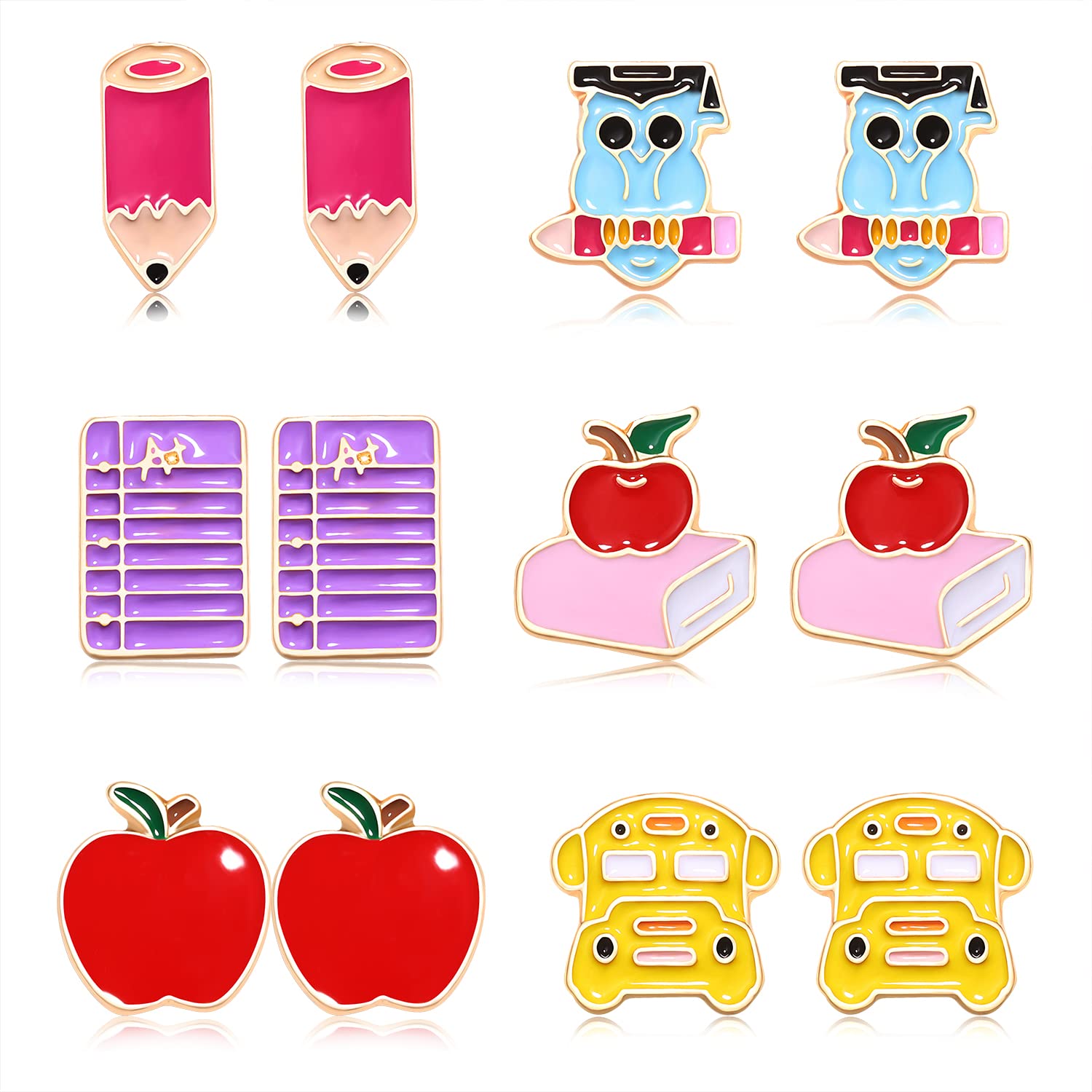 6/8 Pairs Colorful Enamel Apple & Book Stud Earrings for Women - Teacher Appreciation Gifts, Back to School Jewelry - Perfect for Classroom, Graduation & Educator Events