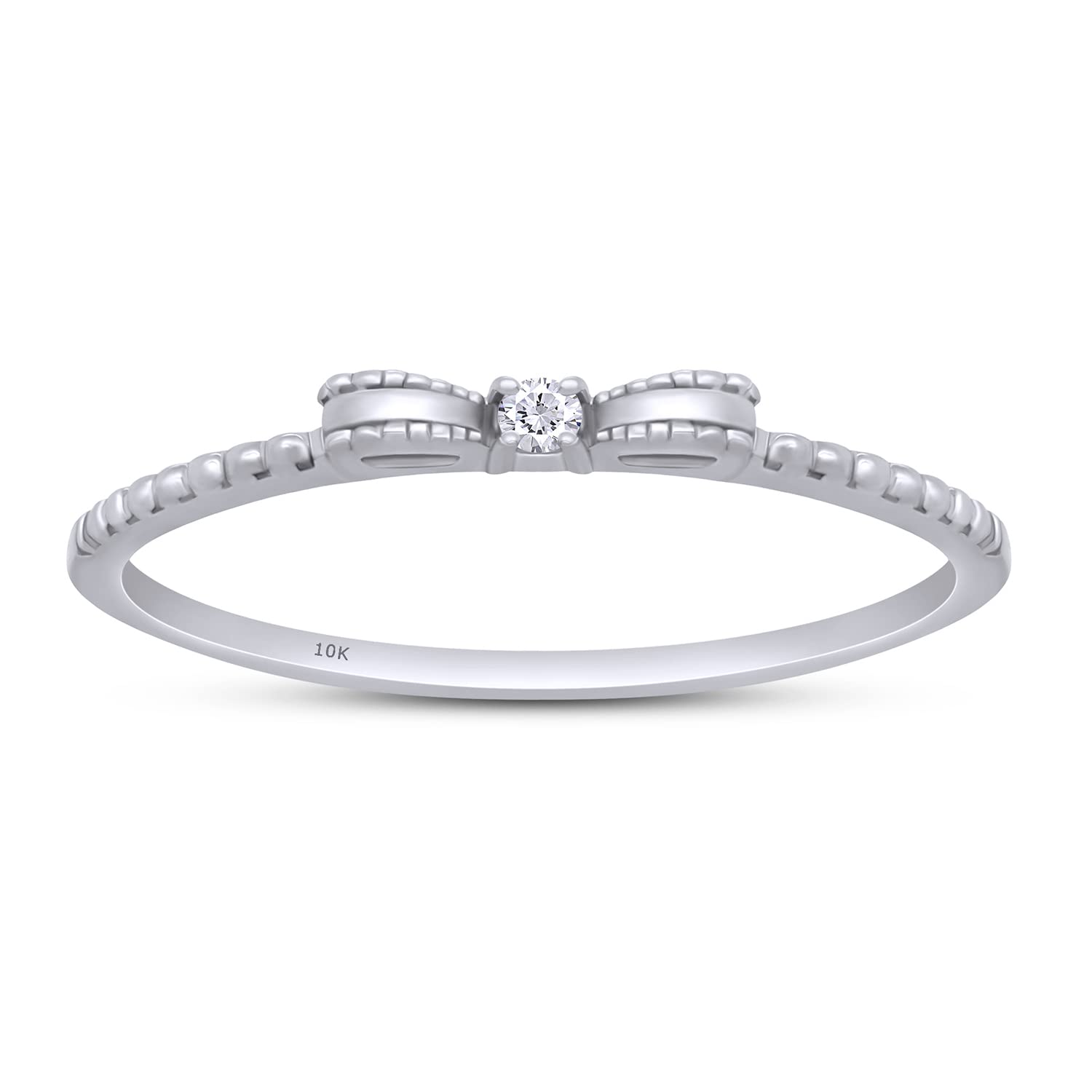 10K Solid Gold Bow Ribbon Beaded Promise Ring with Natural Round White Diamond Accents (I-J Color, I2-I3 Clarity) - Perfect for Engagements, Anniversaries & Romantic Gifts