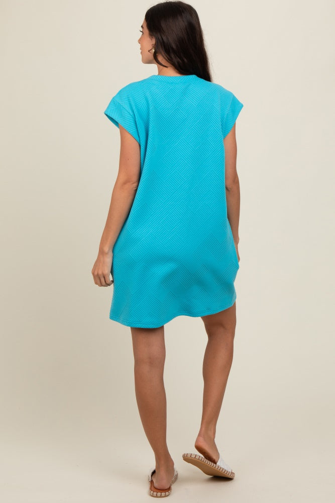 Aqua Front Pocket Textured Short Sleeve Dress for Women - Casual Summer Dress for Beach, Vacation & Everyday Wear