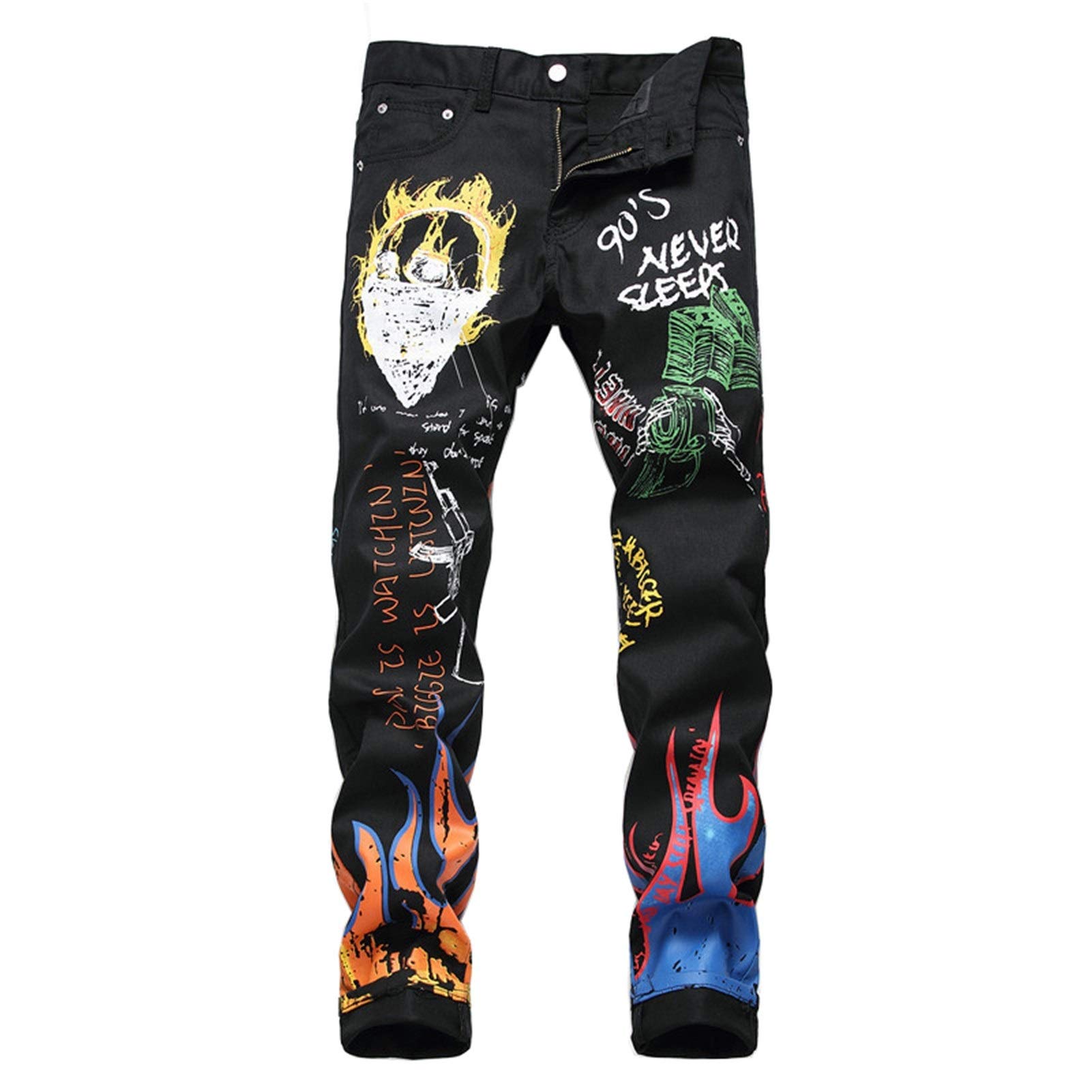 JNXFUZMG Men's Slim Straight Stretch Jeans with Flame Print - Black Casual Fashion Pants for Men (Size 42) - Perfect for Streetwear, Night Out & Everyday Comfort