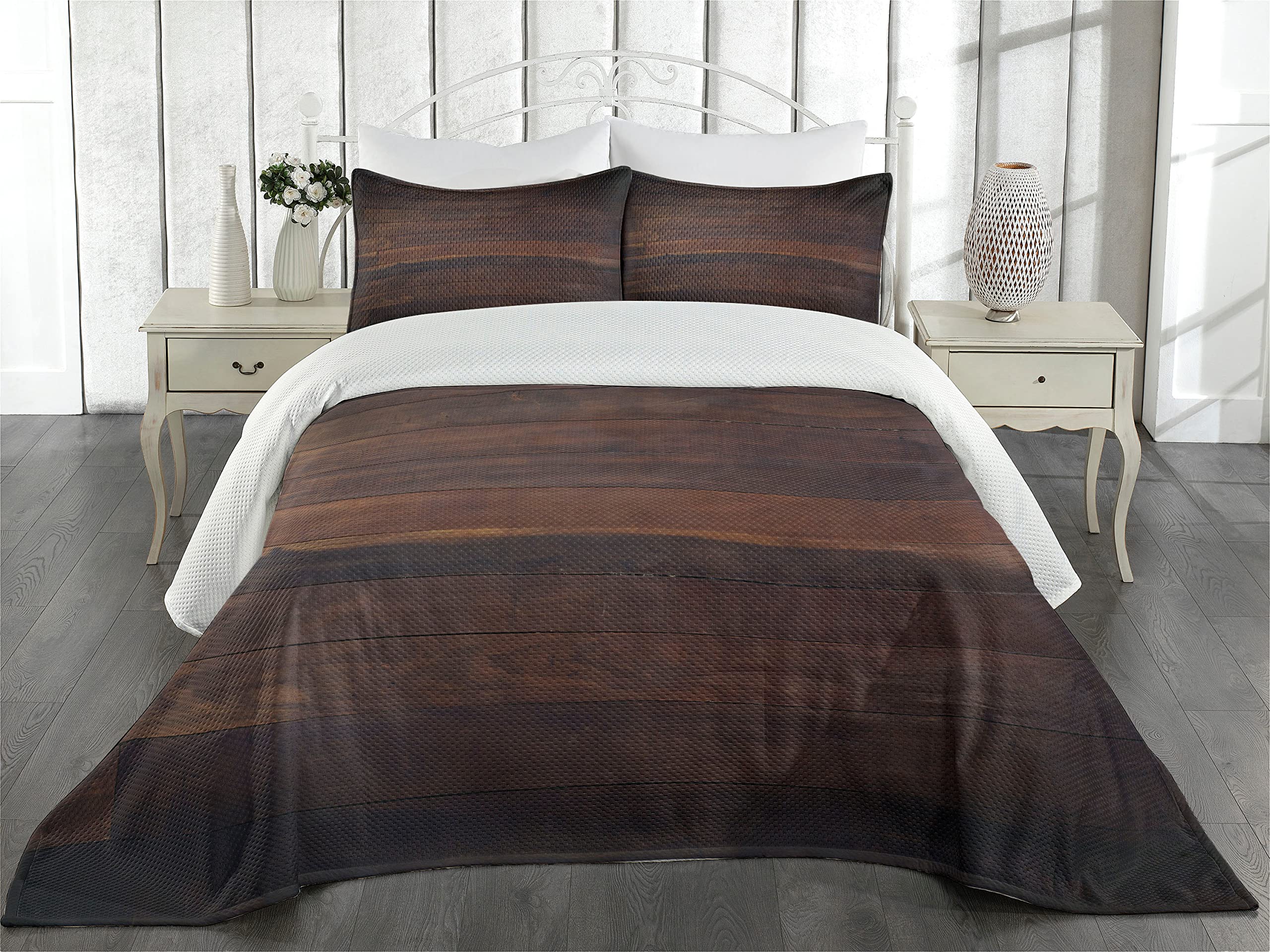 Ambesonne Chocolate Brown Quilted Bedspread Set - King Size 3-Piece Country Style Bedding with Oak Wood Plank Design & 2 Pillow Shams - Perfect for Rustic Cabin, Farmhouse or Lodge Bedroom Decor