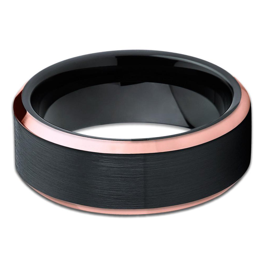 Rose Gold Tungsten Wedding Band for Men & Women - 18k Rose Gold Plated Black Tungsten Ring - Anniversary & Engagement Ring - Comfort Fit Design - Perfect for Everyday Wear & Special Occasions