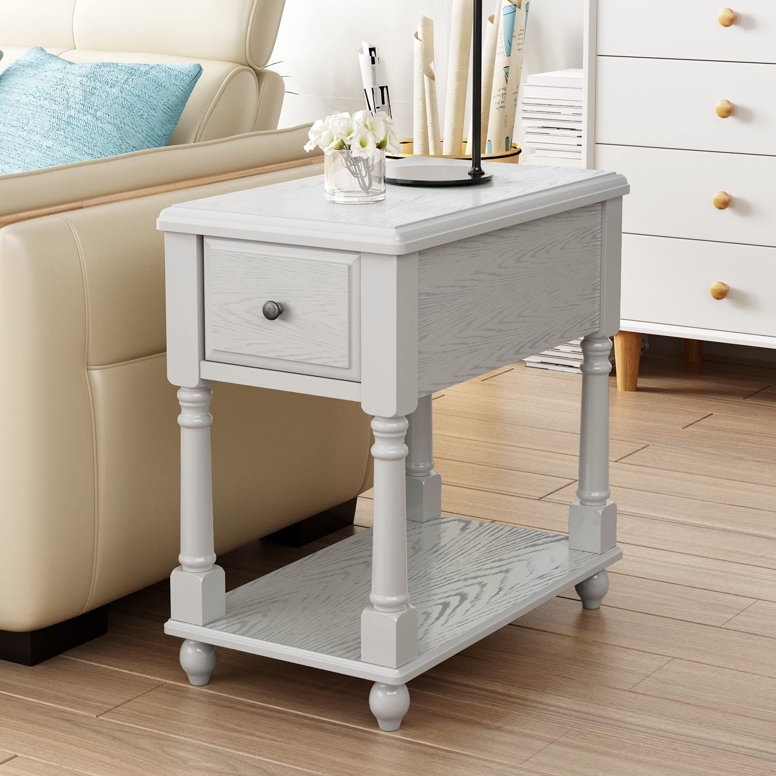 Solid Wood Narrow End Table with Drawer - Slim Sofa Side Table with Storage Shelves & Easy Assembly (22