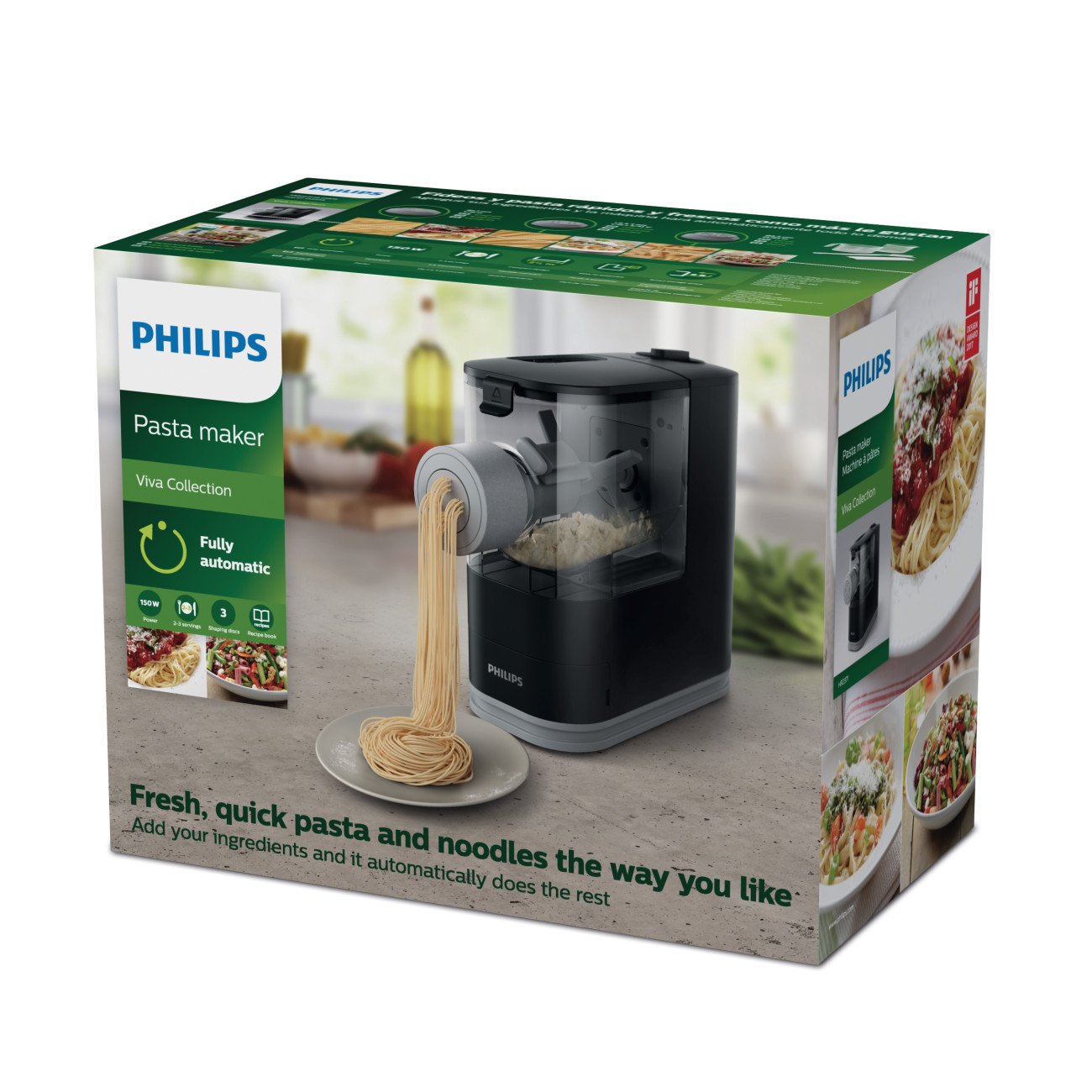 Philips Viva Collection HR2371/05 Automatic Pasta Maker Machine with 3 Pasta Shaping Discs & Recipe Book - Compact Kitchen Appliance for Homemade Noodles, Spaghetti, Fettuccine - Perfect for Family Dinners & Italian Cuisine Lovers