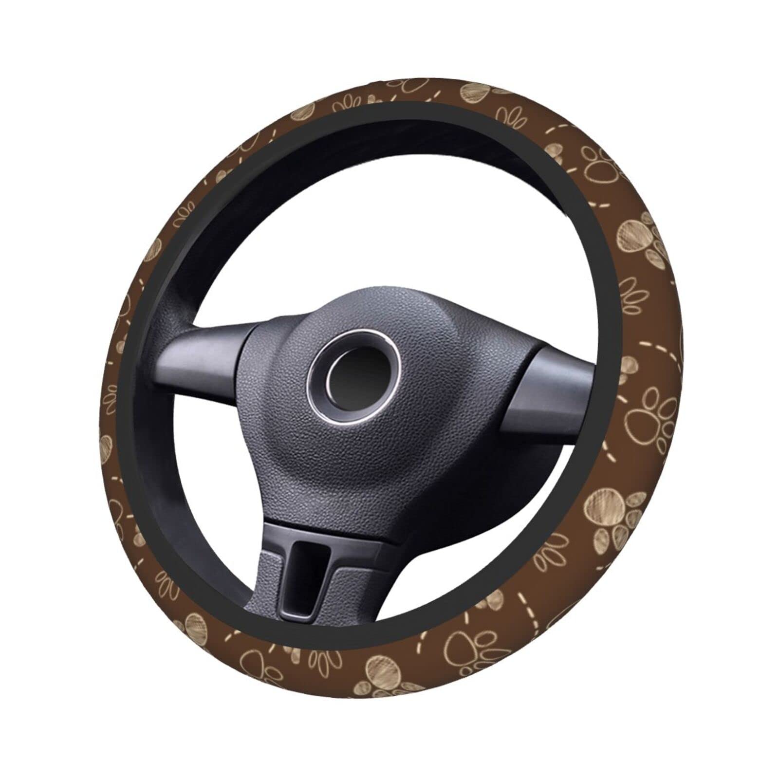 Universal 15 Inch Brown Dog Paw Print Steering Wheel Cover - Soft Neoprene Car Wheel Protector for Pets Lovers | Perfect for Hot Summer Days & Winter Cold Protection