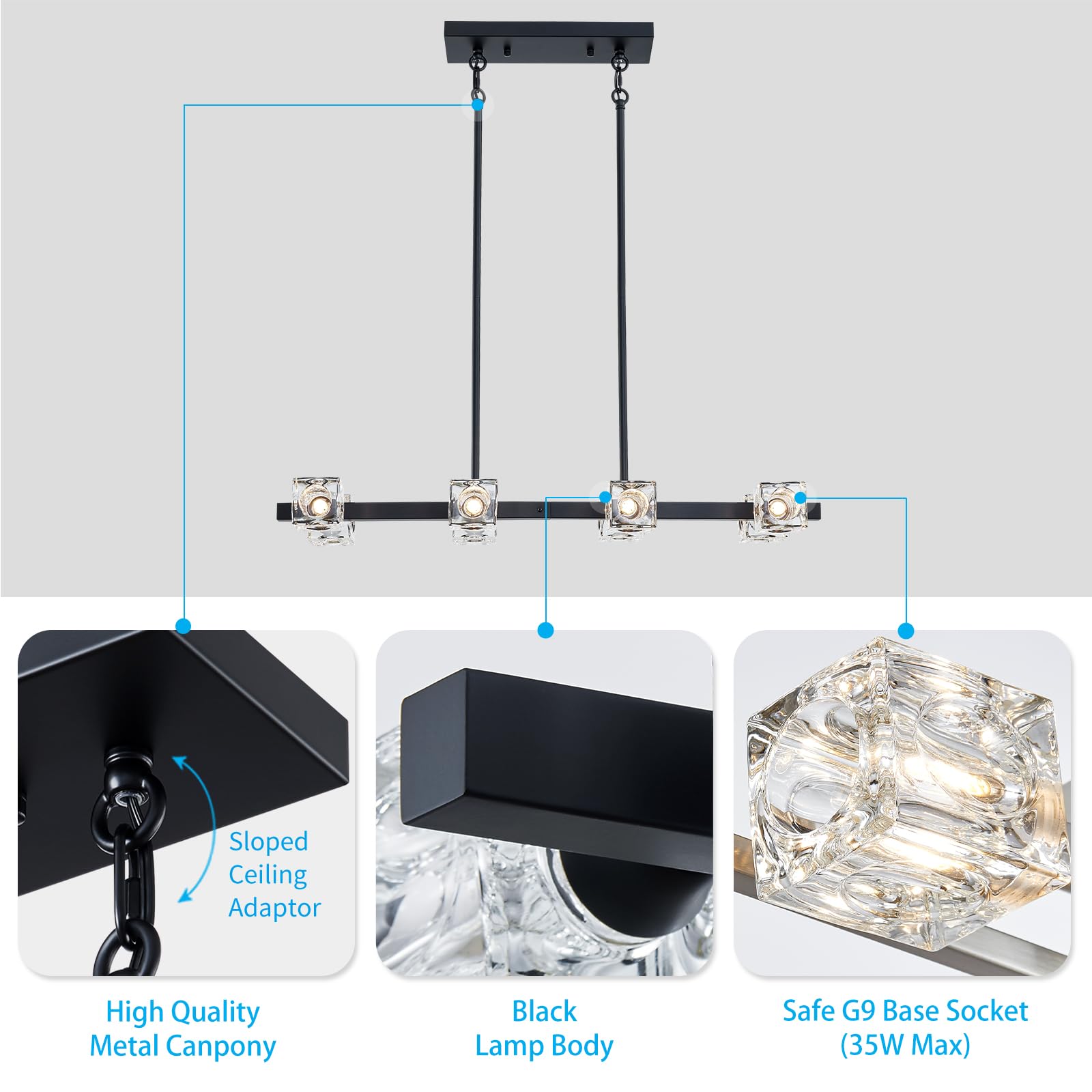 Modern Black Rectangular Linear 8-Light Chandelier - Metal & Glass Farmhouse Lighting Fixture for Dining Room, Kitchen Island, Office & Living Room | Elegant Ceiling Light for Home Decor & Interior Design