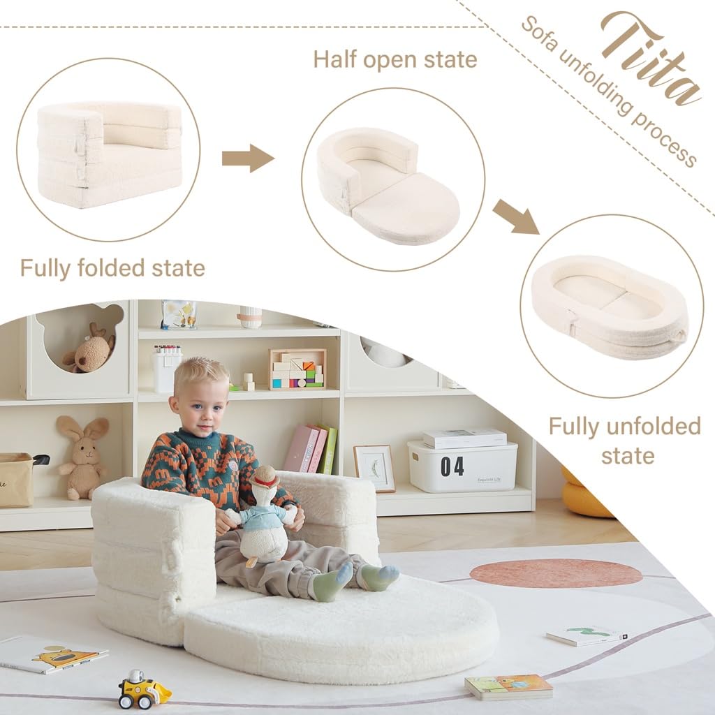 Tiita 3-in-1 Convertible Kids Sofa Bed - Plush Toddler Chair & Travel Bed with Washable Cover & Carrying Handle - Perfect for Nursery, Playroom & Travel - Gift for Boys & Girls (Ages 2-6)