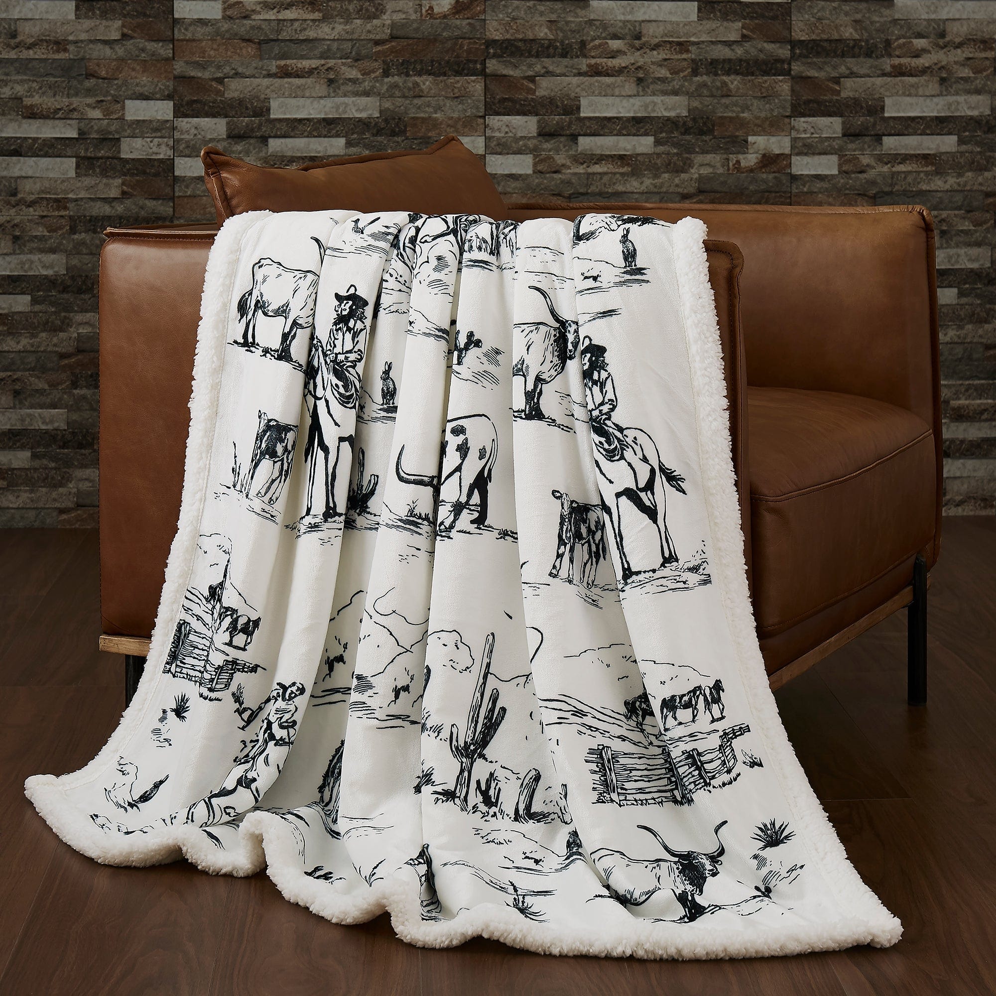 Cozy Western Ranch Style Sherpa Throw Blanket - Soft Flannel Campfire Blanket for Cabin, RV, and Outdoor Adventures